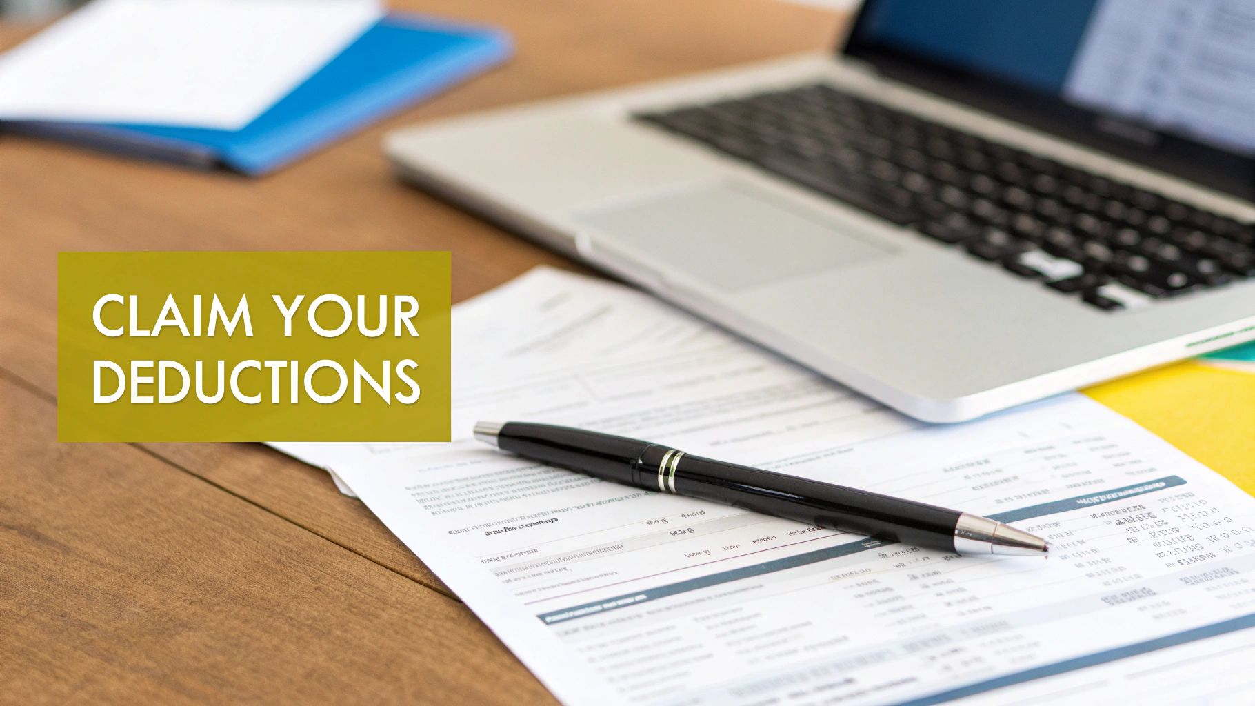 A desk with a laptop, pen, and tax documents, with text overlay "CLAIM YOUR DEDUCTIONS".