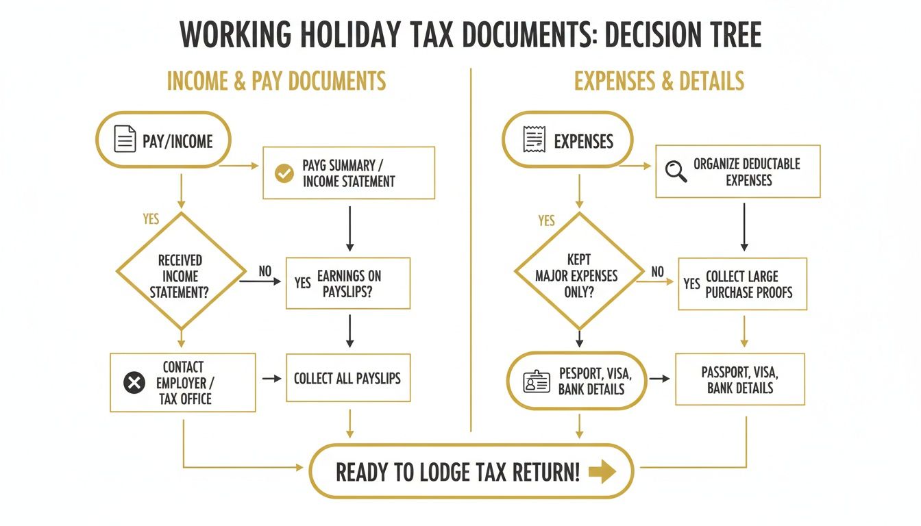 Decision tree for working holiday tax documents, covering income, pay, expenses, and personal details.