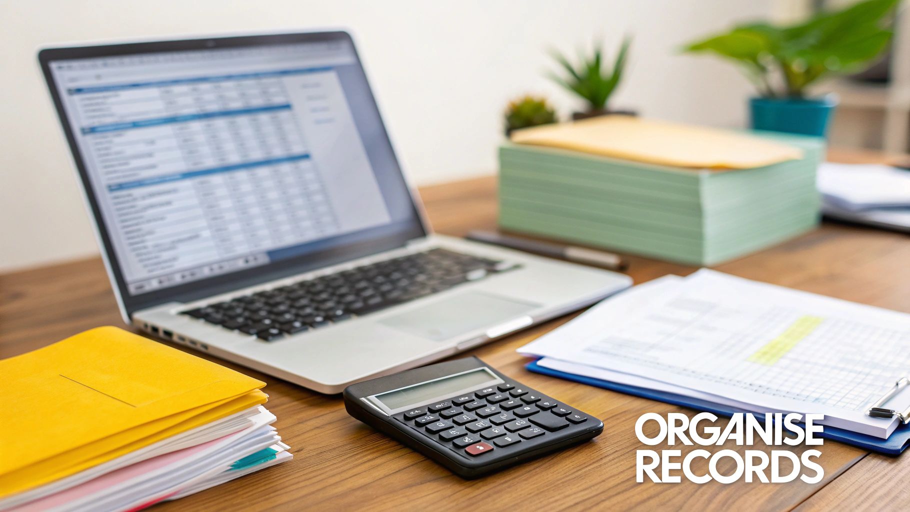 A tidy desk with a laptop, calculator, and neatly stacked files, emphasizing the organization of records.