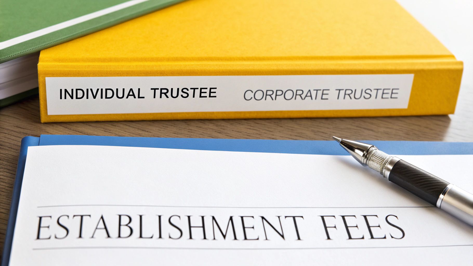 Financial documents including a binder labeled 'Trustee' options and a paper detailing 'Establishment Fees' with a pen.