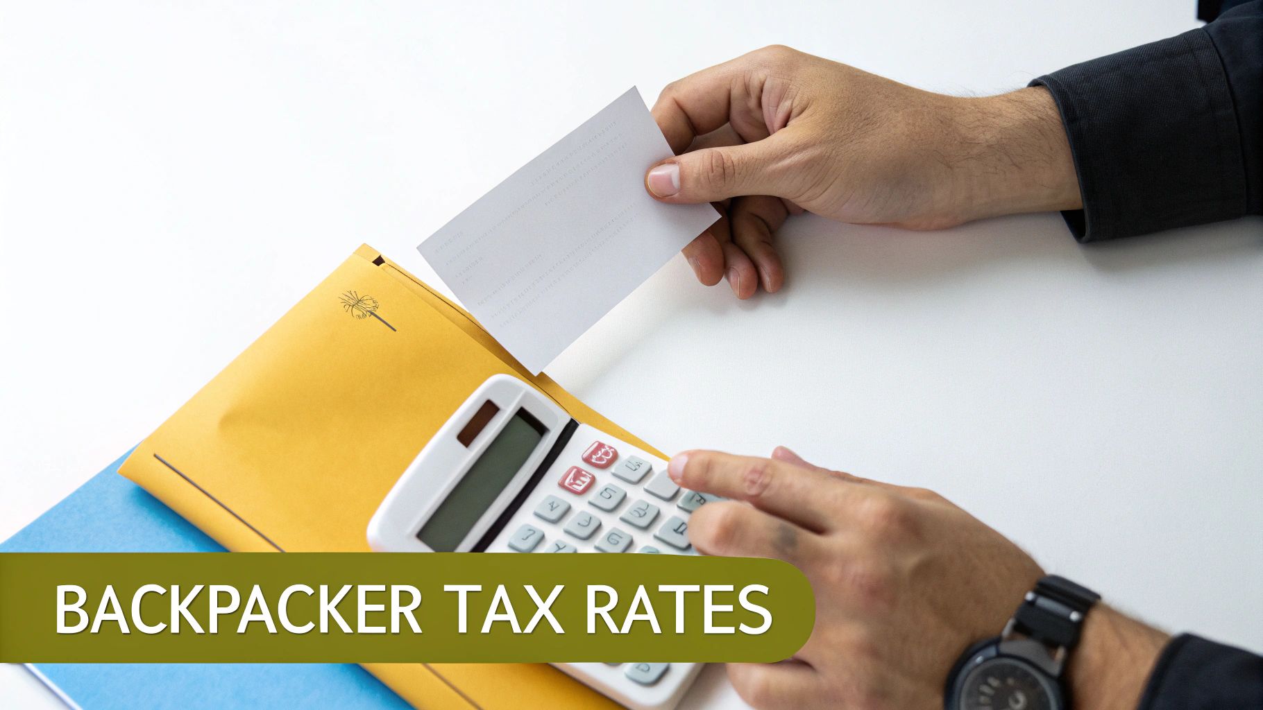 A person's hands holding a white card and using a calculator next to a yellow envelope, with 'BACKPACKER TAX RATES' overlaid.