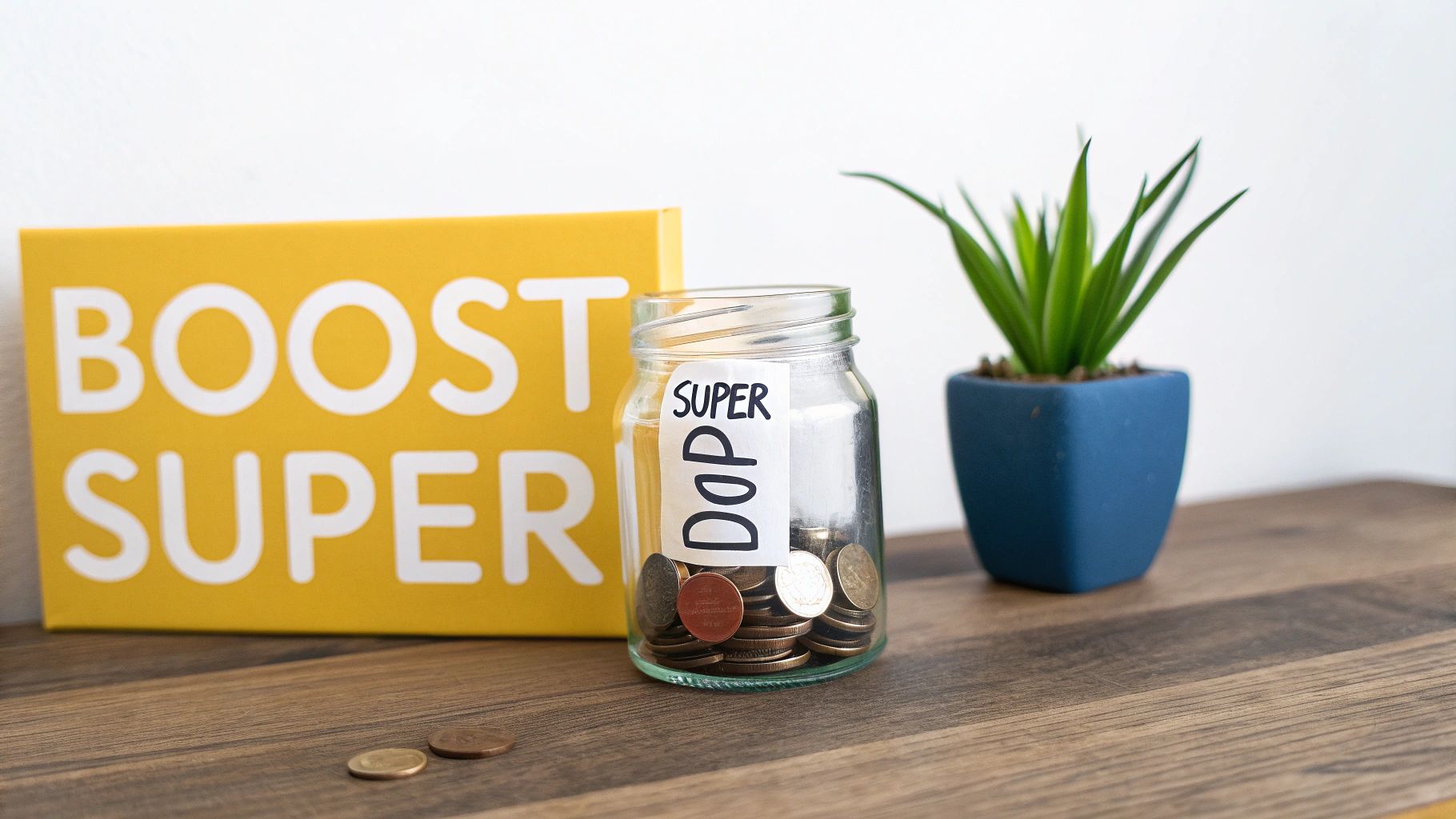 A 'Boost Super' sign next to a 'Super DOP' savings jar filled with coins on a wooden desk.