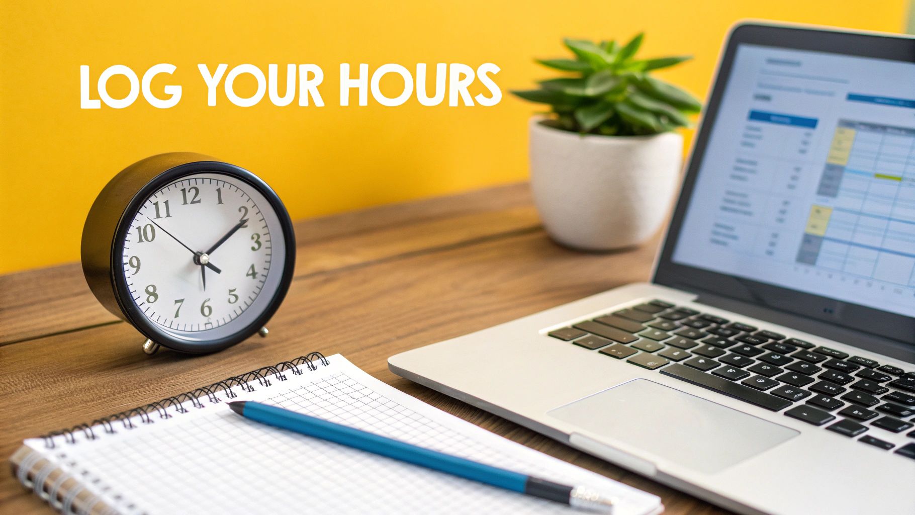An organized home office desk featuring a laptop, alarm clock, notebook, and plant.