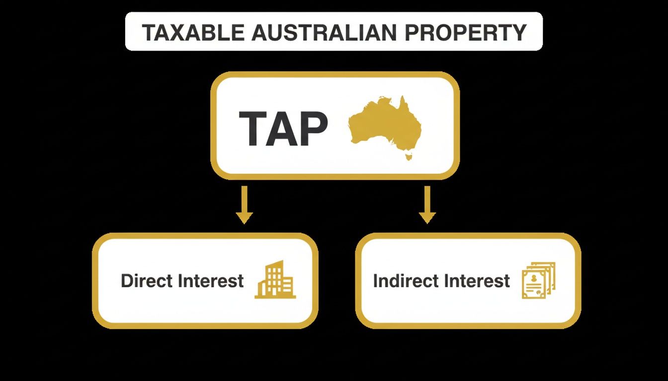 Diagram illustrating Taxable Australian Property (TAP) split into Direct and Indirect interests, with icons.
