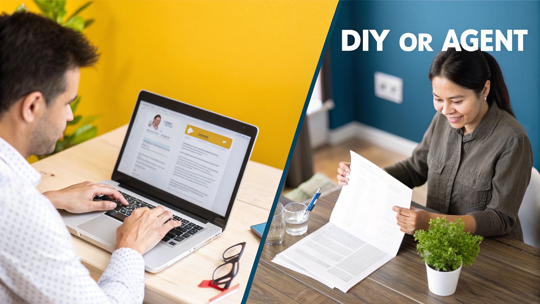 A man using a laptop for online tasks and a woman reviewing physical documents, representing DIY vs. agent services.