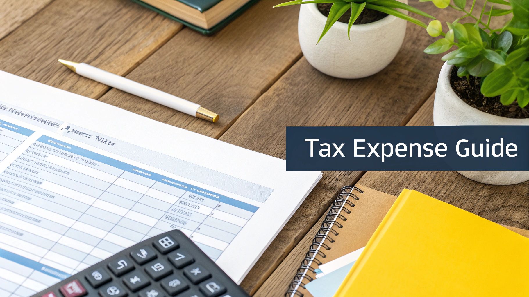 A wooden desk with a document titled 'Tax Expense Guide', calculator, pen, notebooks, and plants, ready for financial planning.