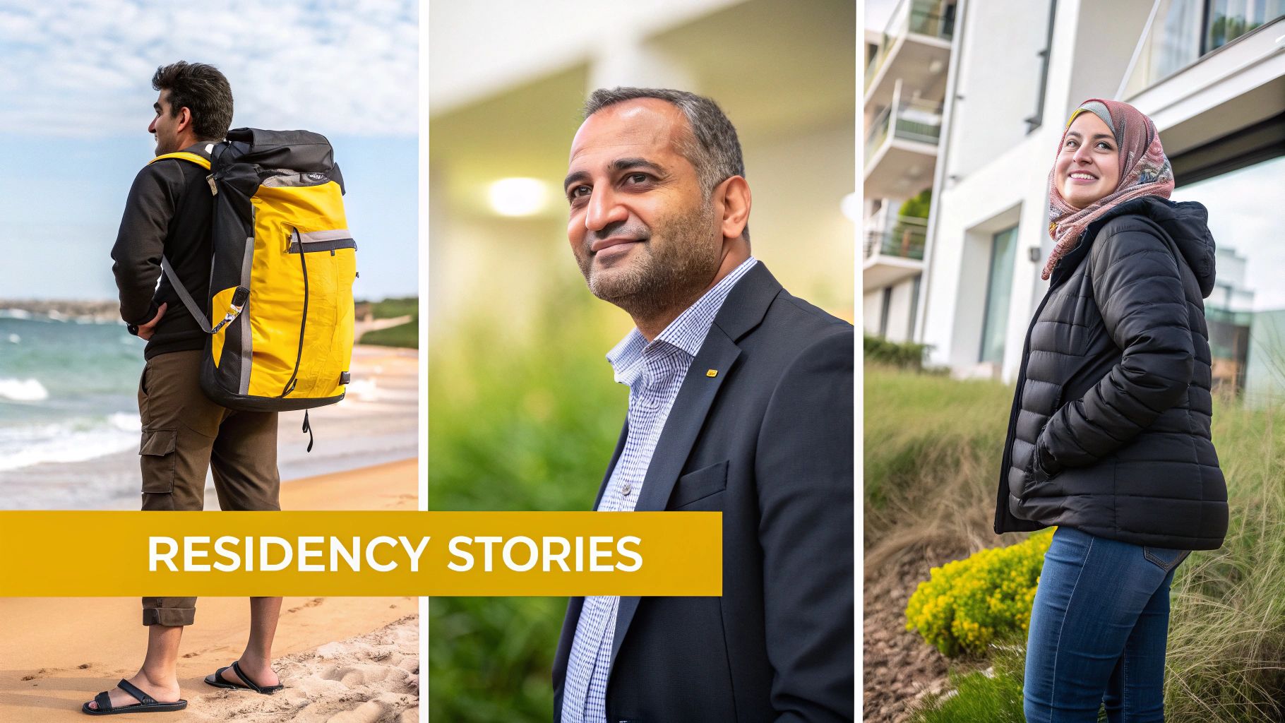 Three diverse individuals in different settings, representing the real-world scenarios of determining tax residency.