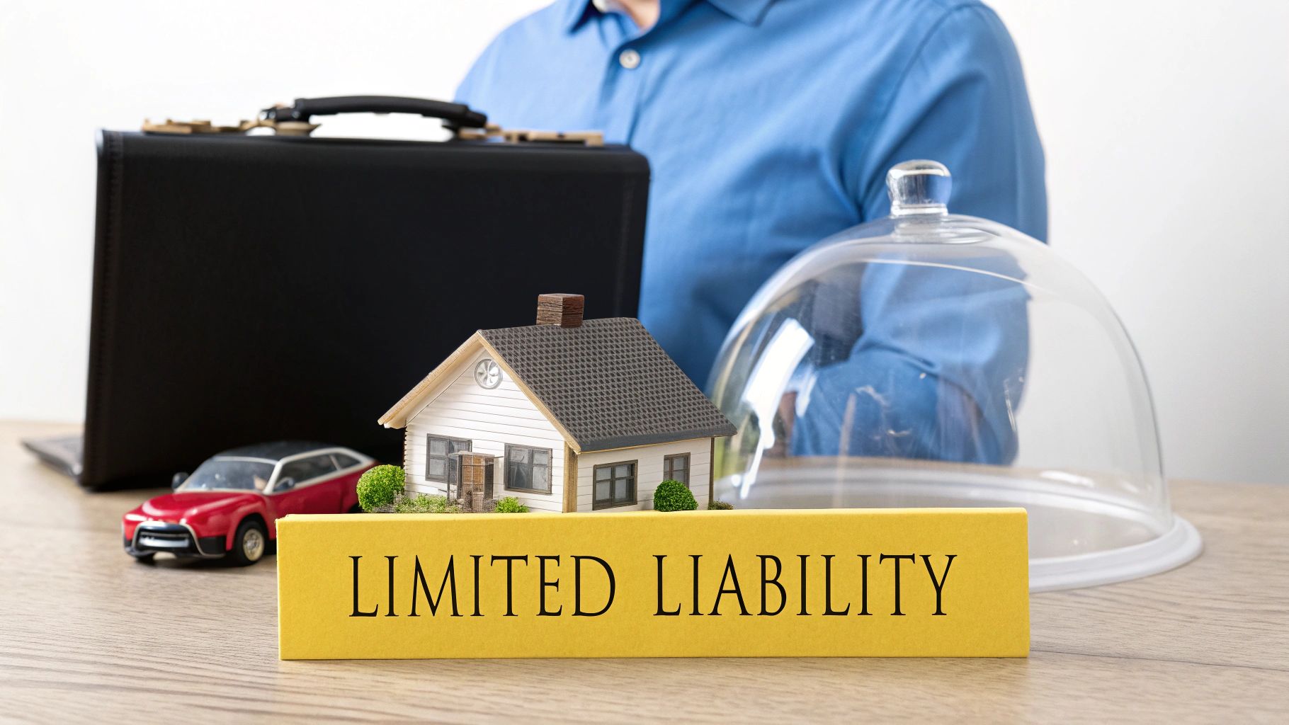A yellow sign saying 'LIMITED LIABILITY' is in front of a house model, red car, briefcase, and glass dome.