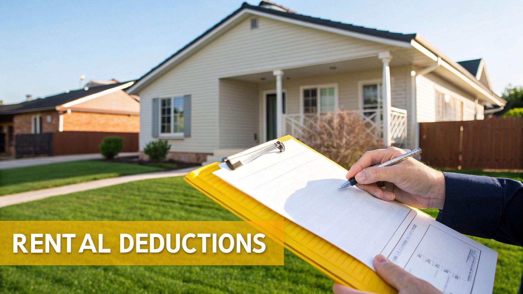 A person's hand writes on a yellow clipboard with papers, overlayed with 'Rental Deductions' text, in front of a house.