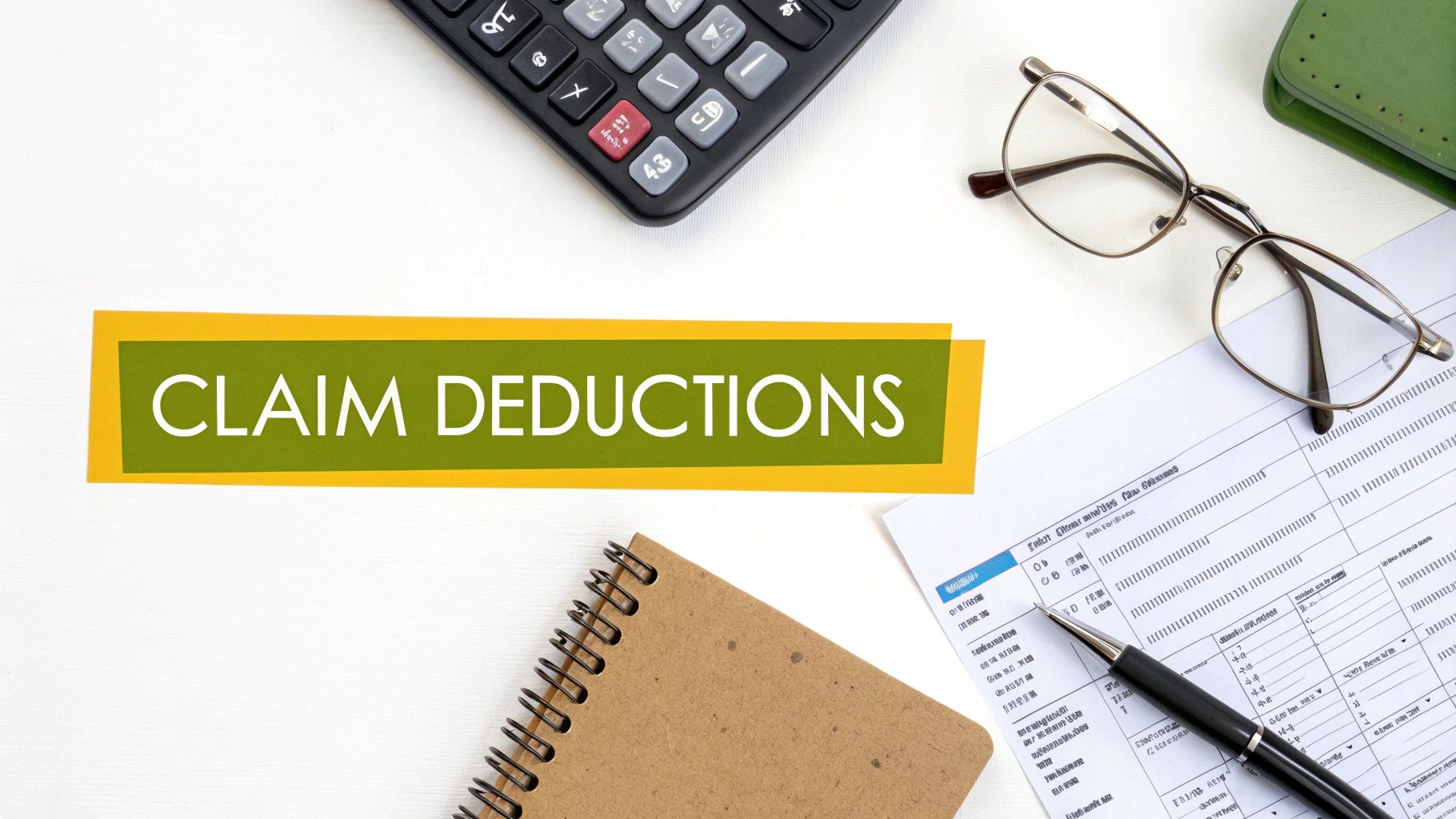 Office desk with calculator, glasses, notebook, and tax documents, prominently displaying 'CLAIM DEDUCTIONS'.