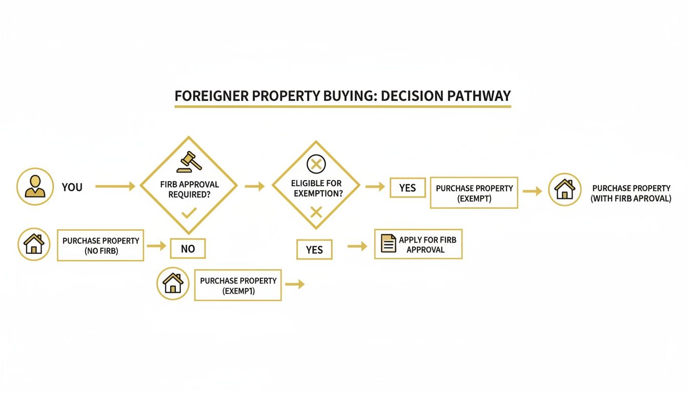 Flowchart illustrating the decision pathway for foreigners buying property, including FIRB approval and exemption.