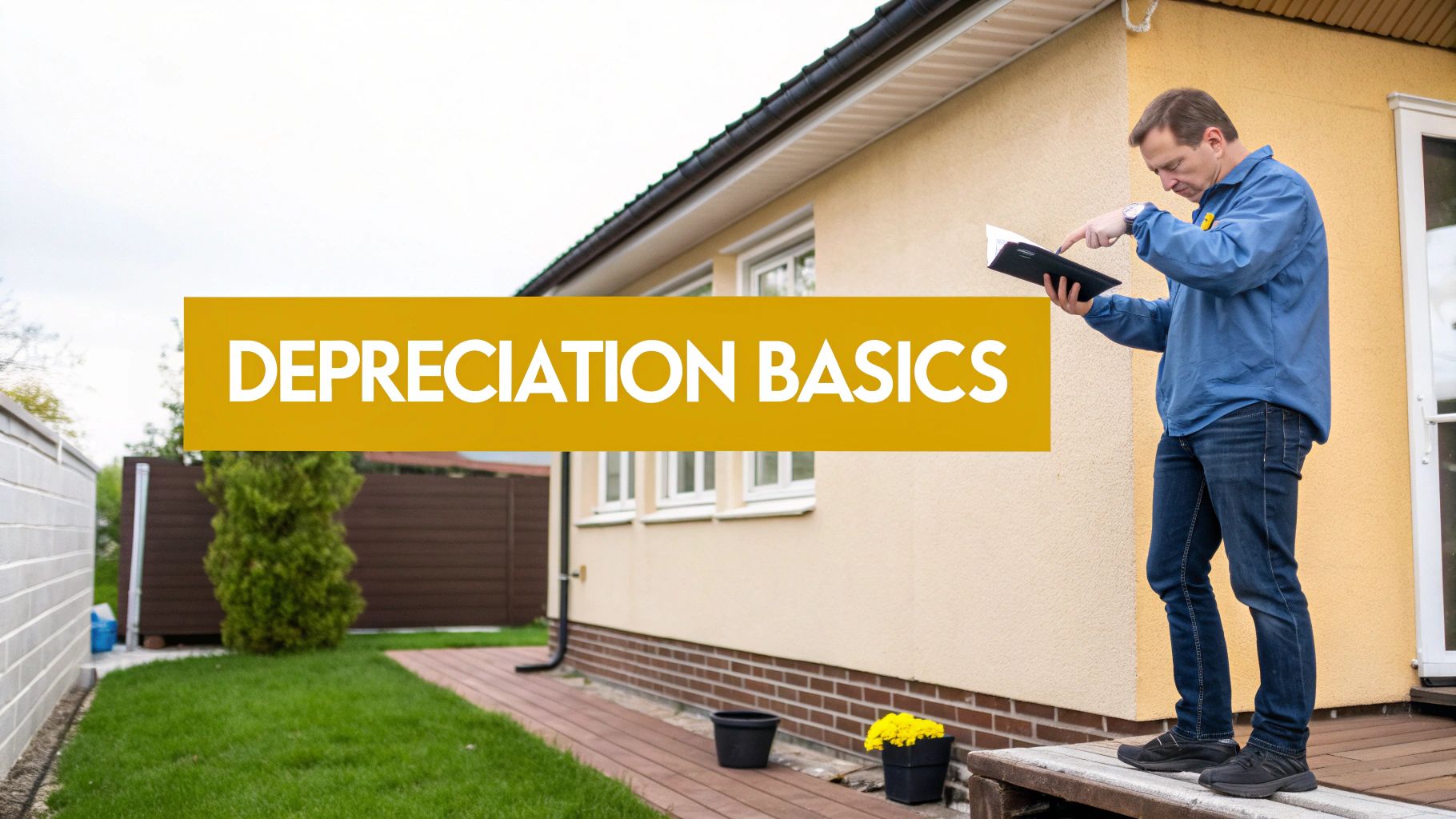 A man studies a book on a wooden step in front of a house with a lawn, "DEPRECIATION BASICS" banner.
