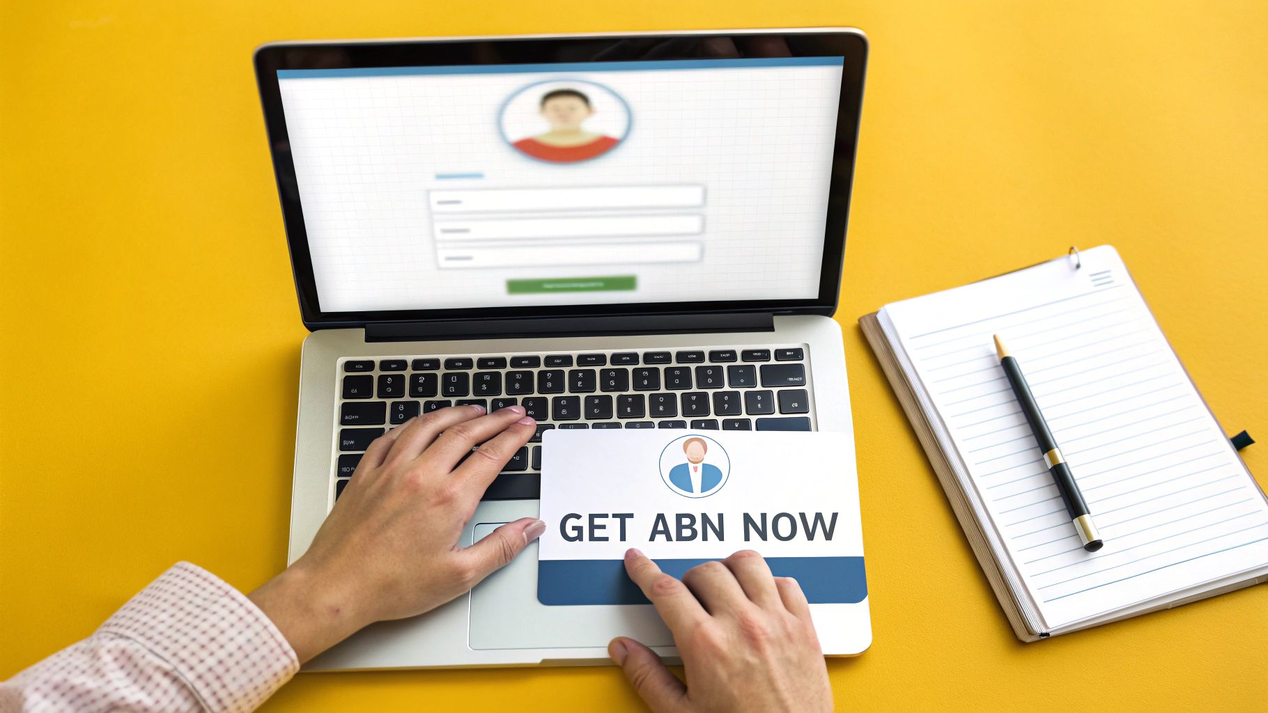Hands typing on a laptop keyboard with a 'GET ABN NOW' card for business registration.