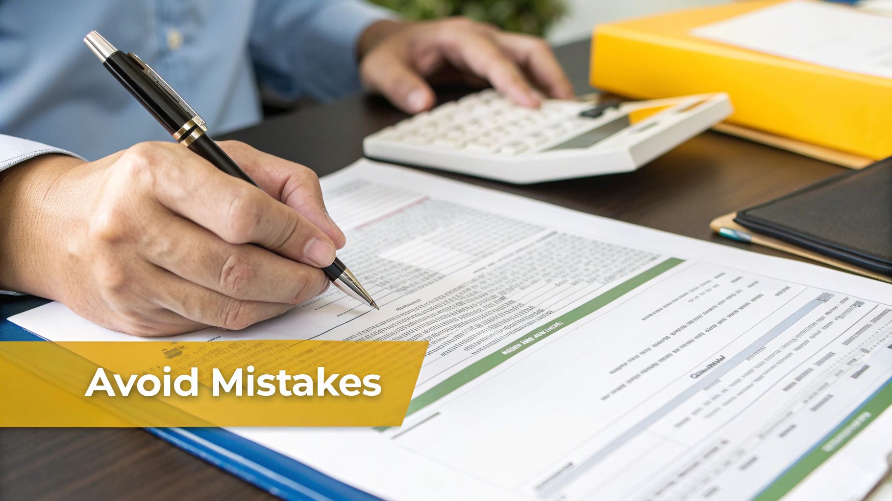 A person reviewing financial documents with a pen and calculator, emphasizing 'Avoid Mistakes'.