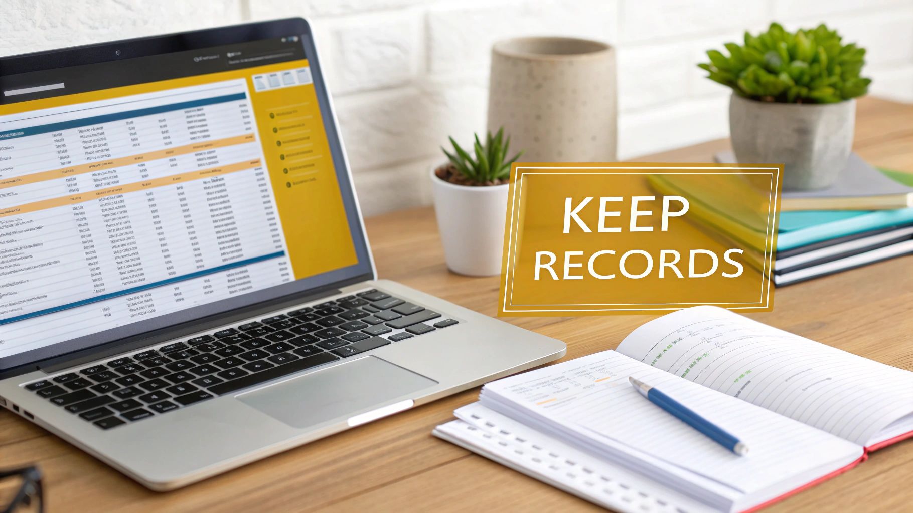 Organized home office desk with laptop, notebook, and 'KEEP RECORDS' reminder for tax purposes.