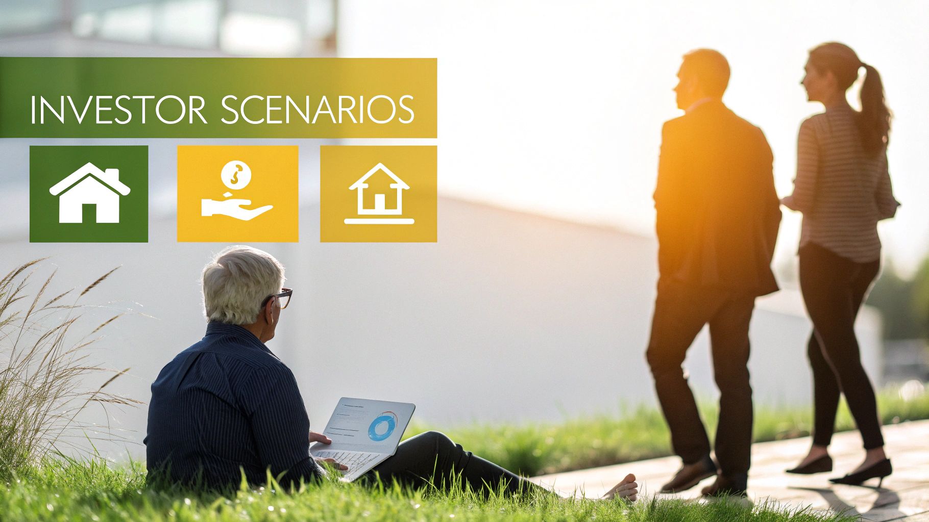 A person sits on grass using a laptop, with an 'Investor Scenarios' graphic overlayed.