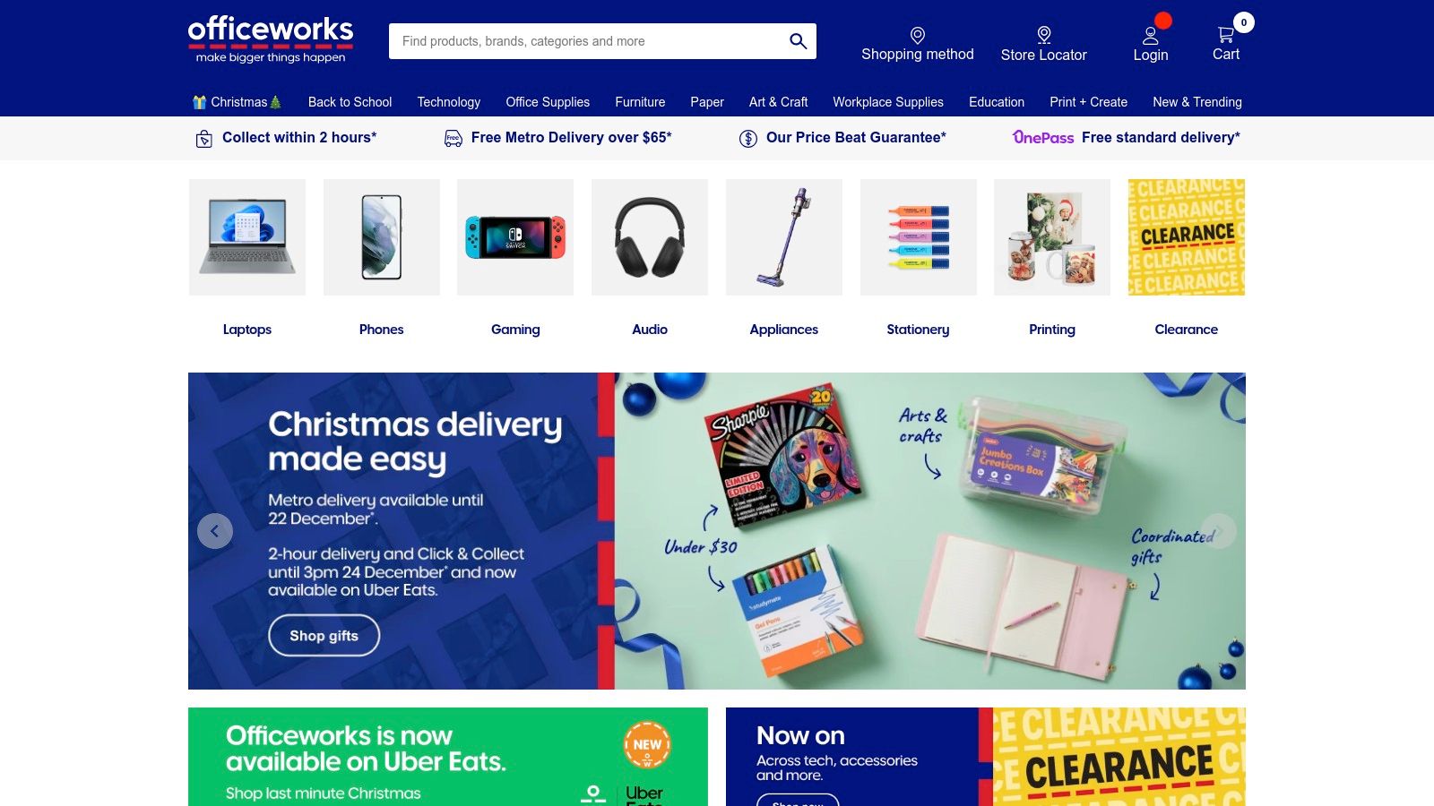 Officeworks homepage showcasing its range of products, including technology and office supplies.
