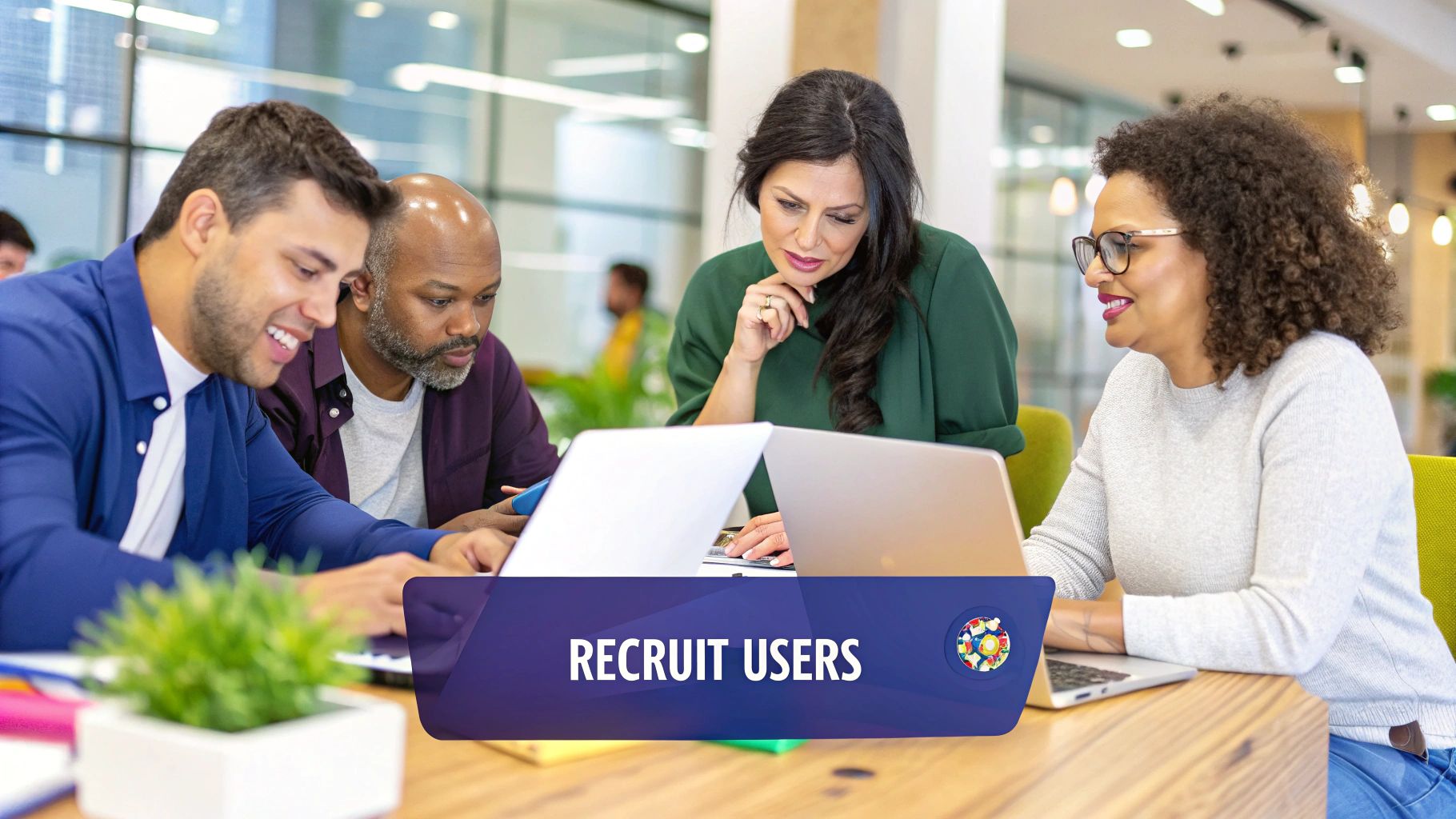 Image showing a diverse group of users collaborating on a project, representing the recruitment of representative end users for UAT.