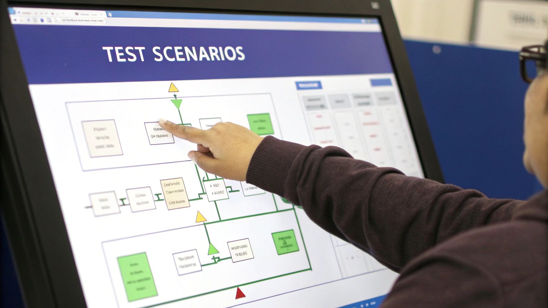 A person at a desk writing detailed test scripts on a laptop, with sticky notes and flowcharts around them, indicating a meticulous planning process.