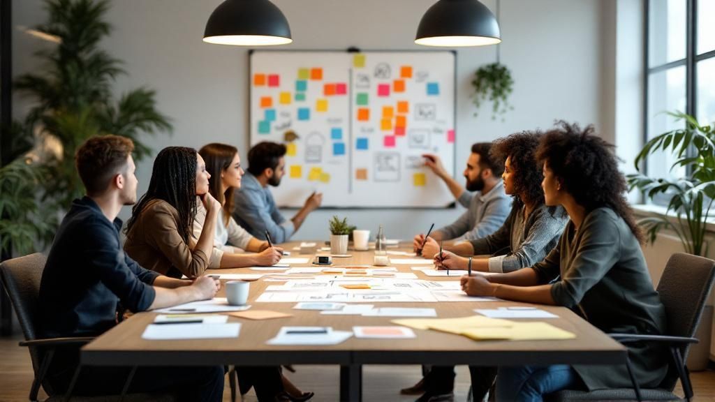 A group of diverse professionals collaborates around a table, illustrating co-creation and shared decision-making.