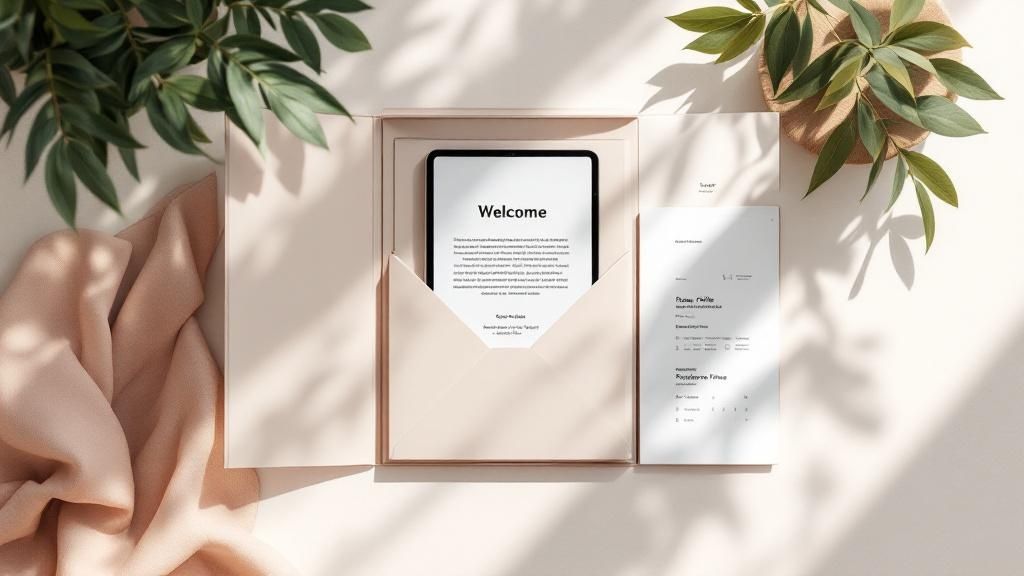 A visually appealing flat lay of a welcome package, including a branded notebook, a tablet showing a welcome email, a pen, and a coffee mug, all neatly arranged.