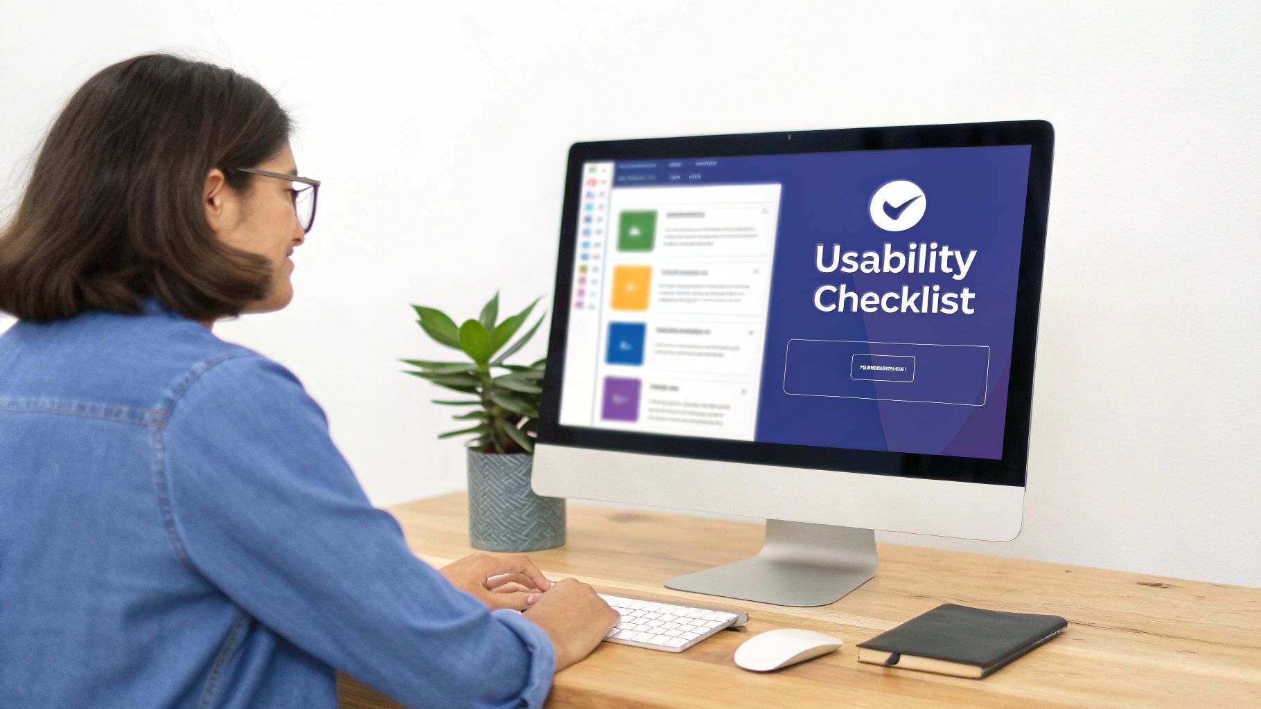 A visual representation of the Heuristic Evaluation process, showing a checklist and magnifying glass over a website layout.