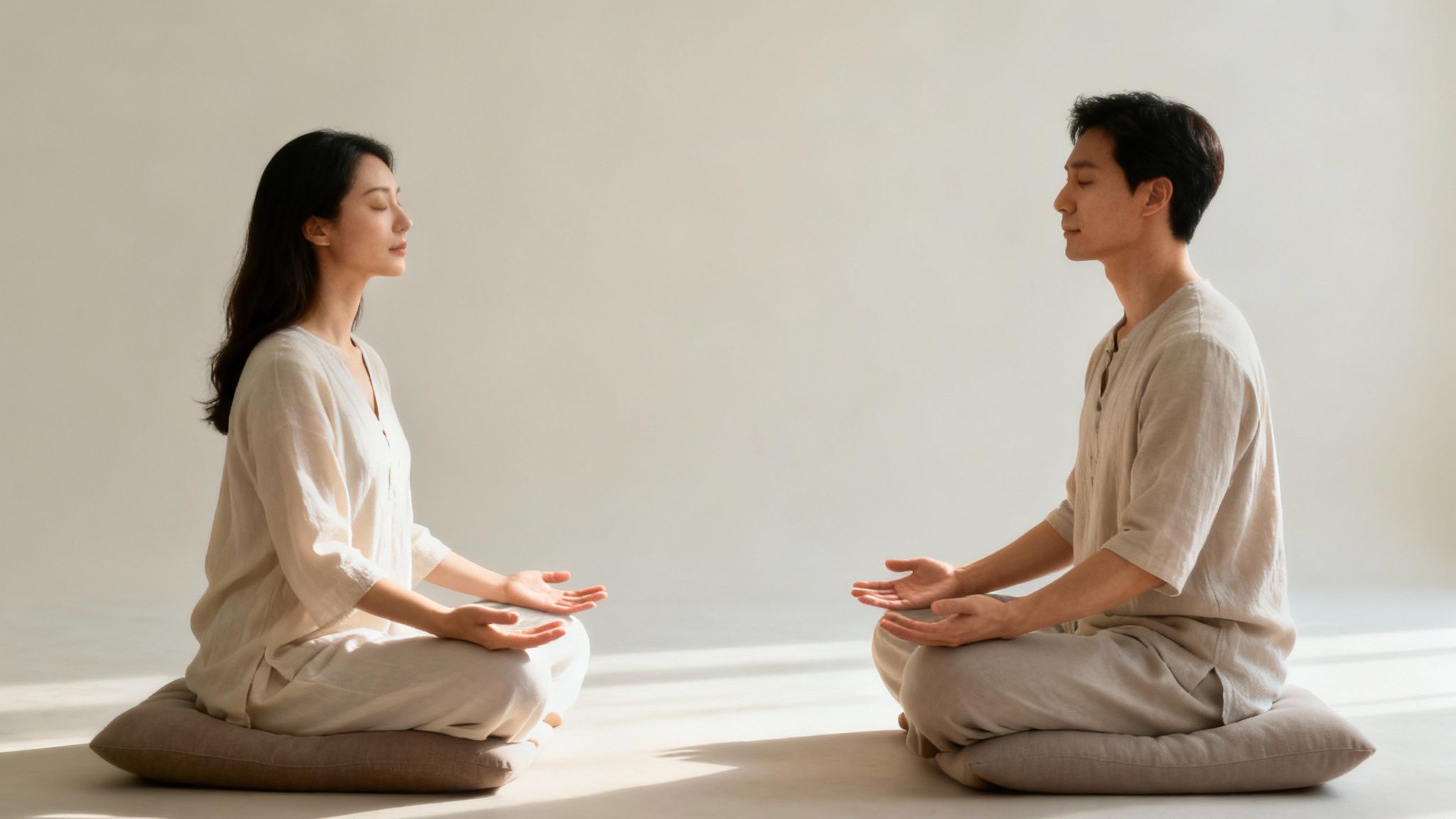 A man and a woman meditating peacefully in light clothing, sitting on cushions, eyes closed.