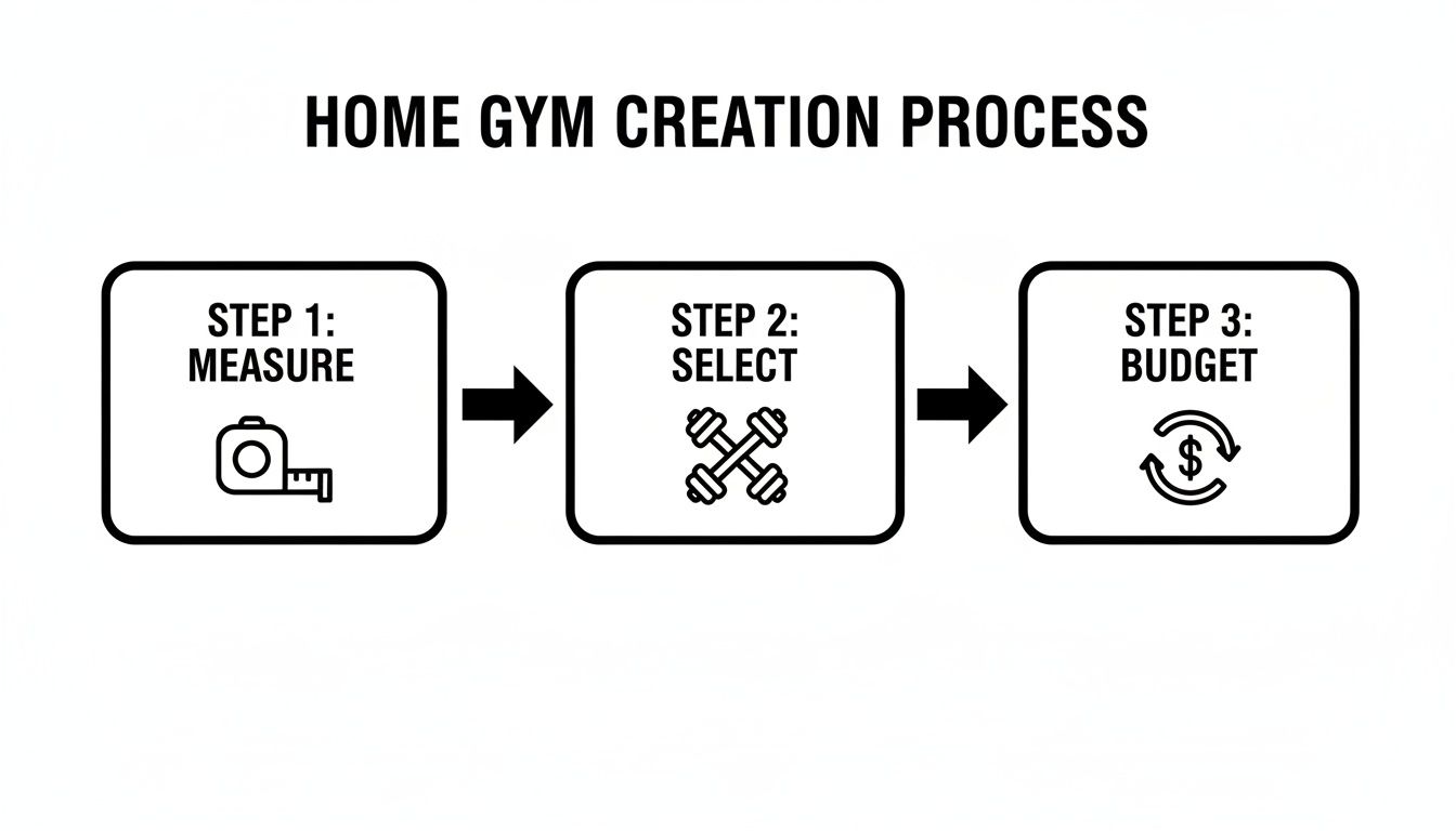 A three-step diagram showing the home gym creation process: Measure, Select equipment, and Budget.