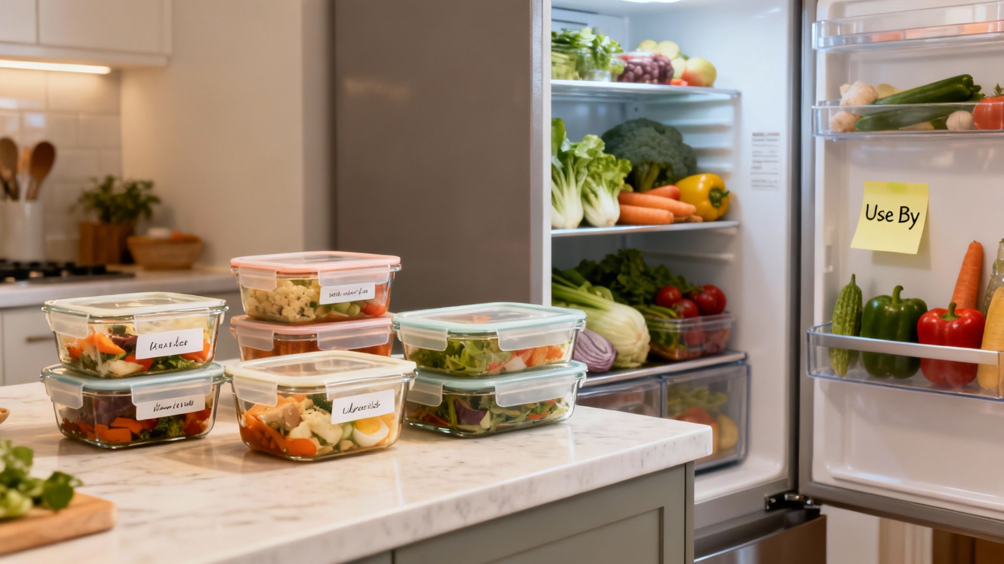 Meal-prepped food containers on a kitchen counter next to an open refrigerator filled with fresh produce.
