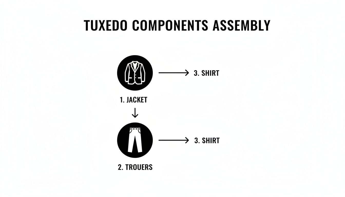 A diagram illustrating the assembly of tuxedo components, including jacket, trousers, and shirt.