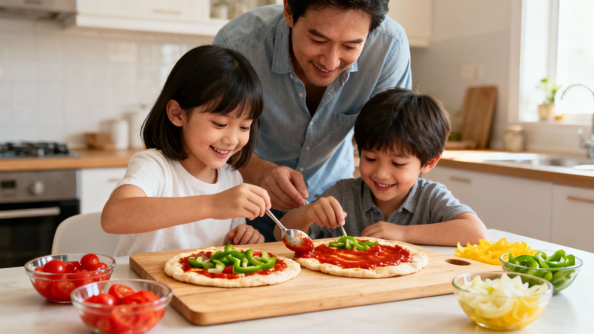 A father and two smiling children happily make pizzas together in a bright kitchen.