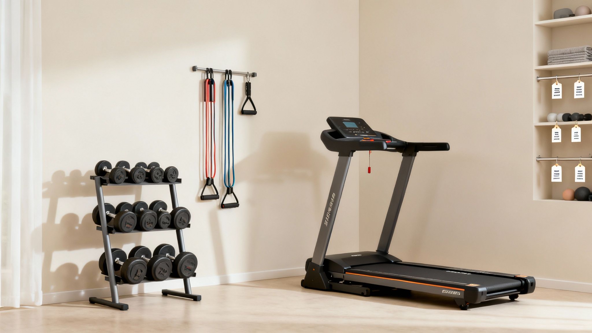 A compact home gym setup featuring a treadmill, dumbbell rack, and resistance bands on a wall.