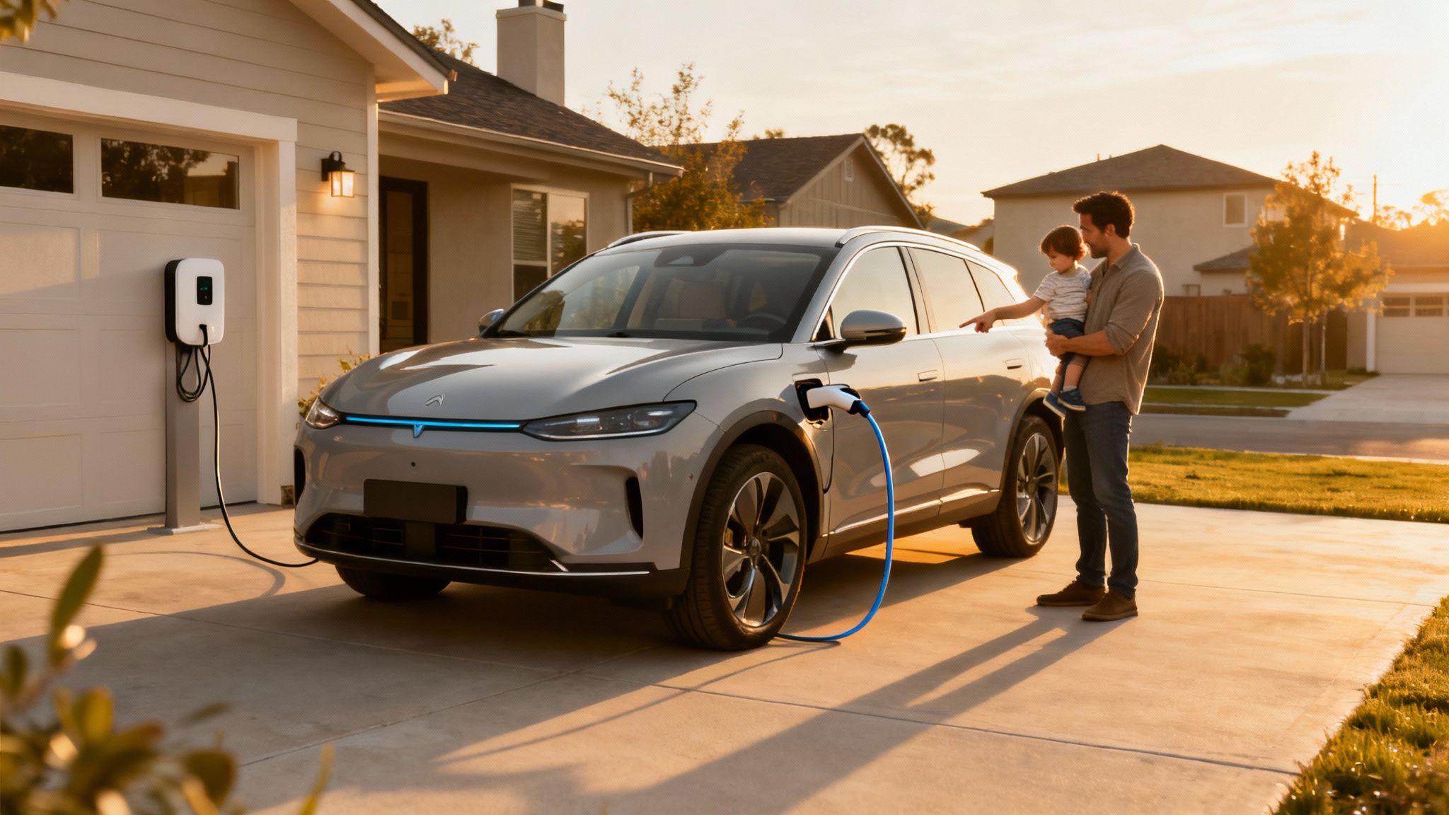 Father holding child pointing at a modern grey electric vehicle charging at home.