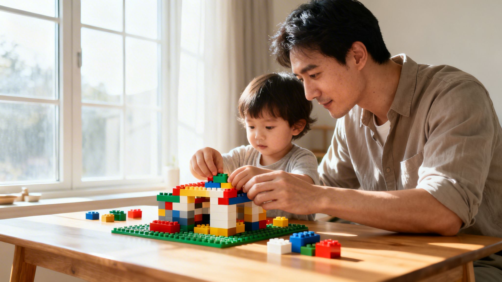 A happy father and his young child building a colorful house with toy blocks together.