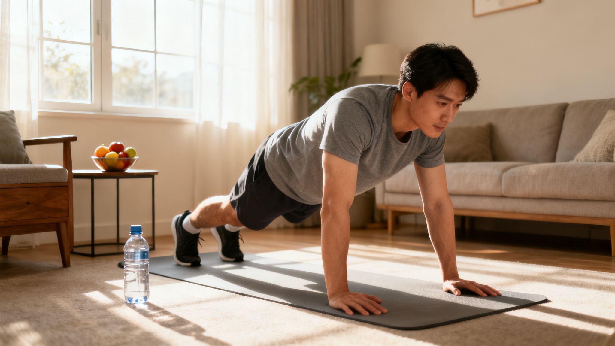 An Asian man in activewear performs a plank on a yoga mat in a bright living room.