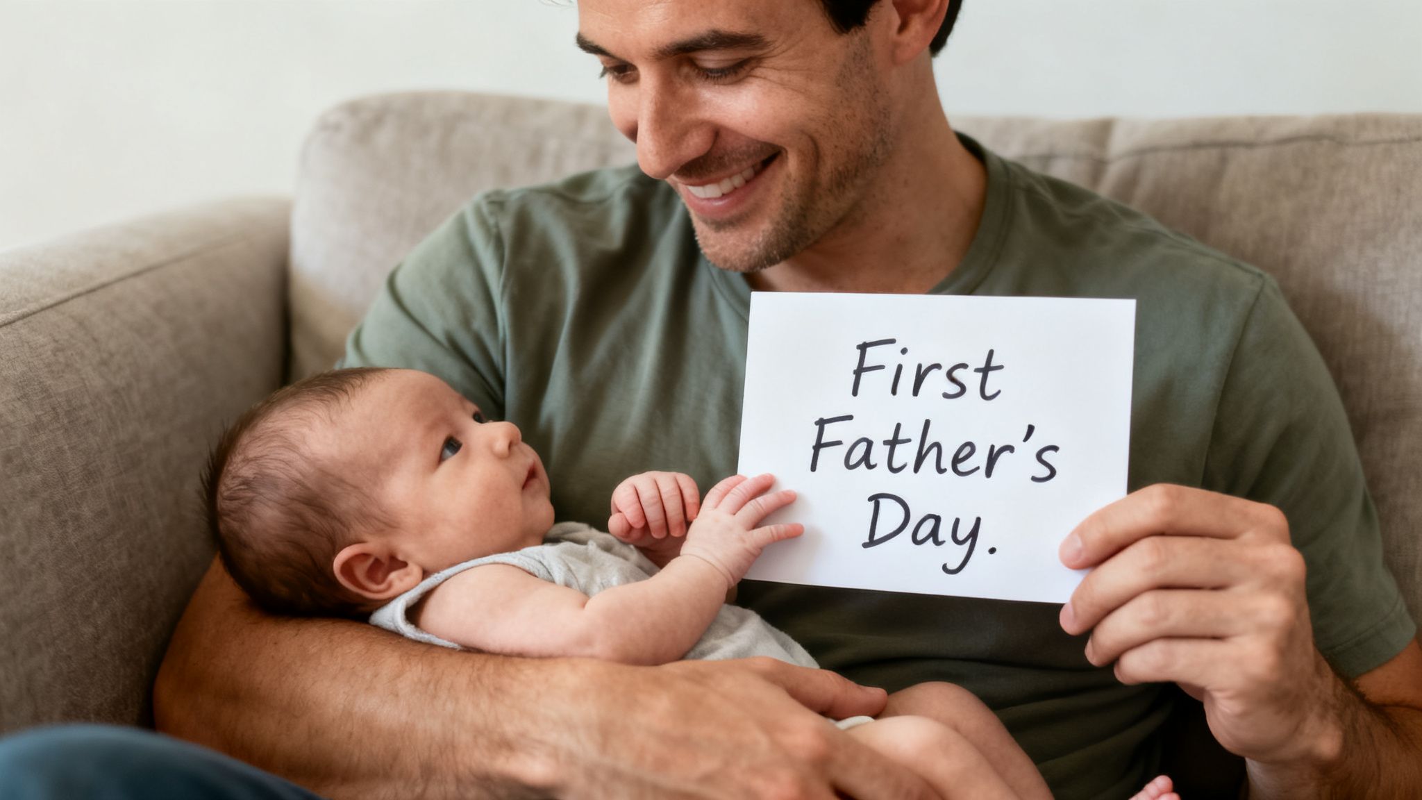 A smiling new father lovingly holds his baby while holding a 'First Father's Day' sign.