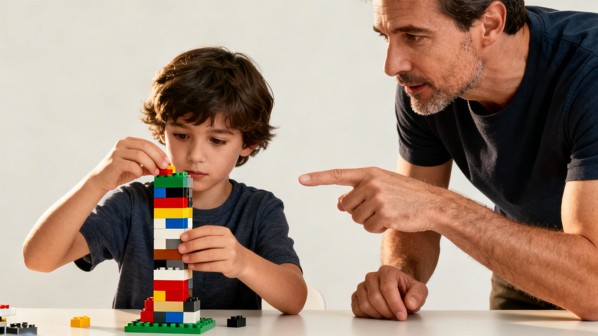Father and son building a colorful LEGO brick tower, fostering connection and learning.