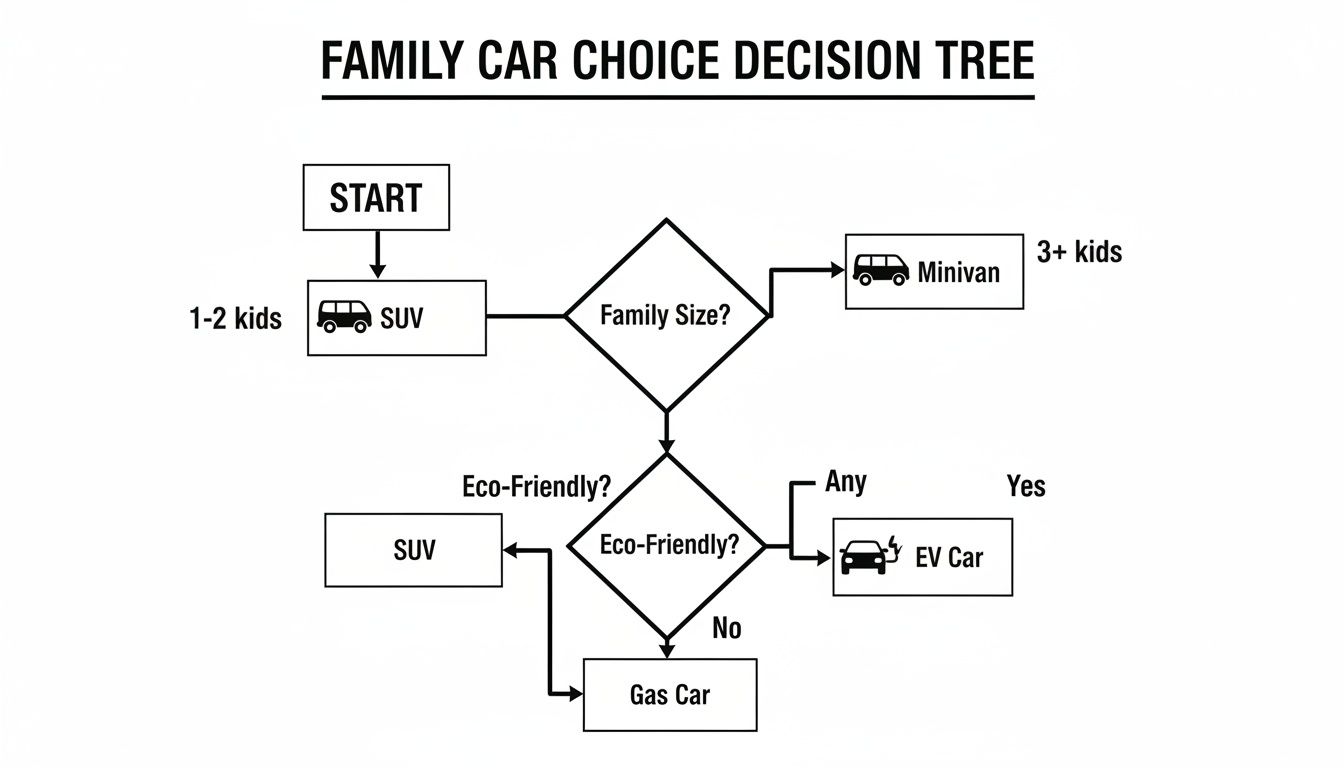 A decision tree flowchart for choosing a family car based on family size and eco-friendliness.