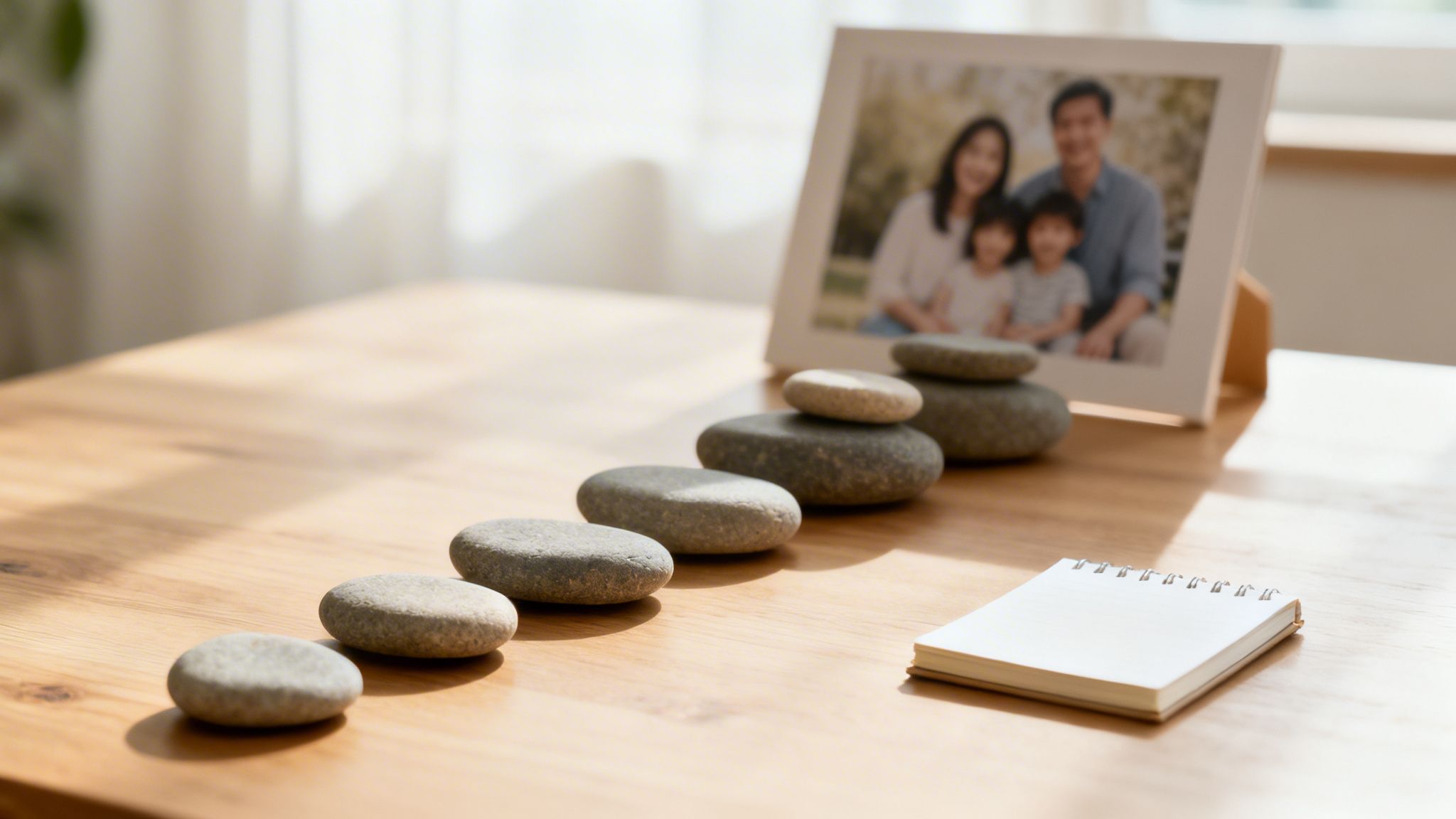 A serene wooden table with a row of zen stones, a framed family photo, and a small notebook.