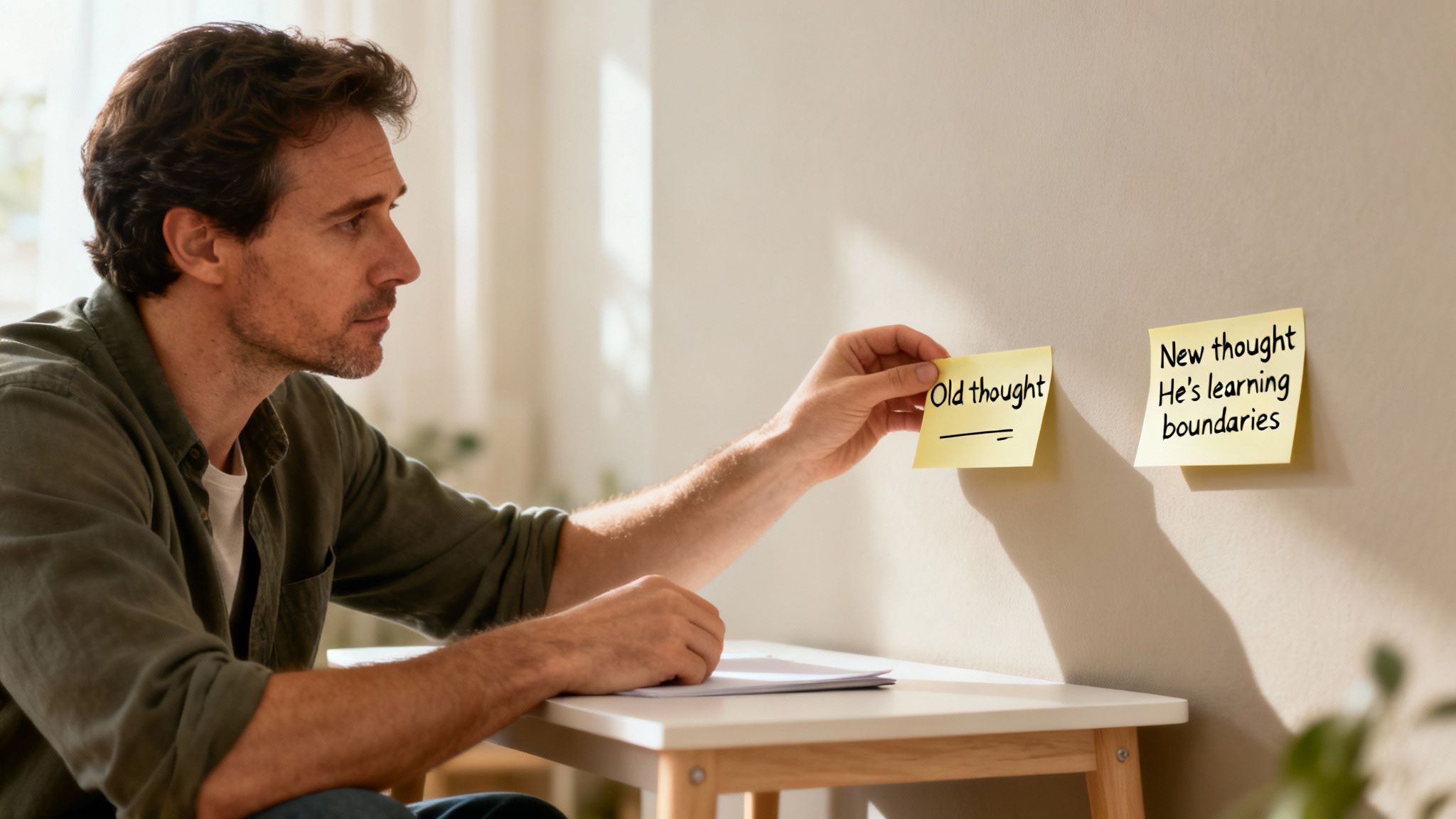 A man places an 'Old thought' sticky note on a wall next to a 'New thought' about boundaries.