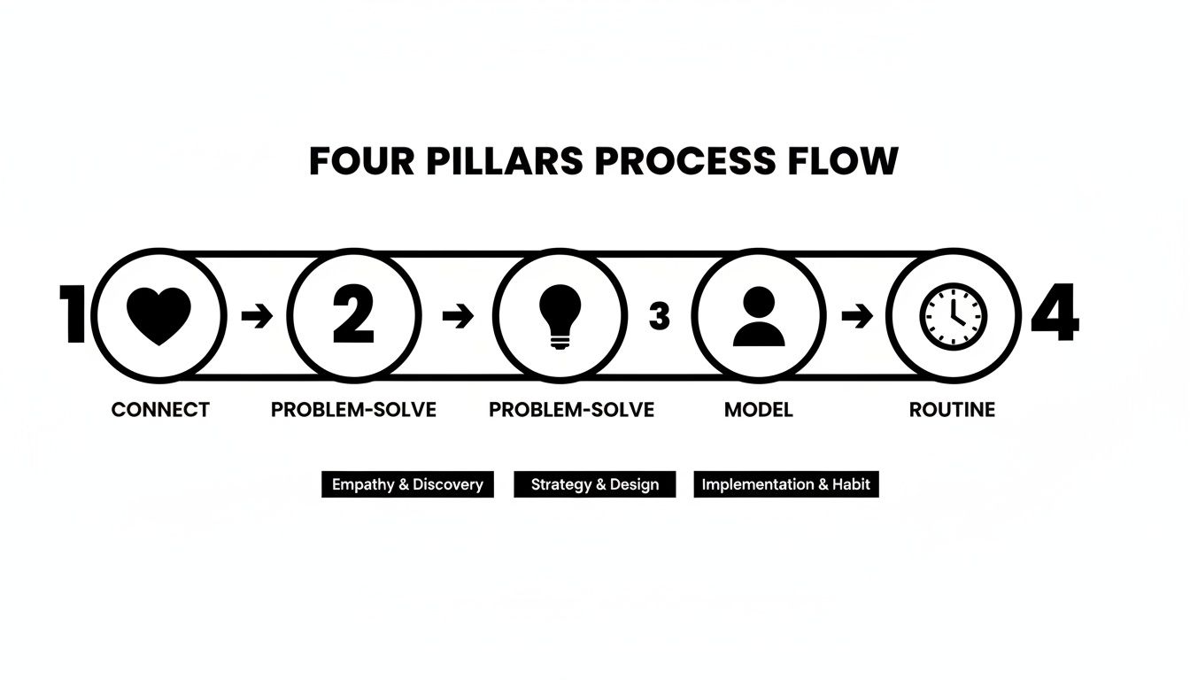 A 'Four Pillars Process Flow' diagram illustrating five steps: Connect, Problem-Solve, Model, and Routine, with guiding principles.