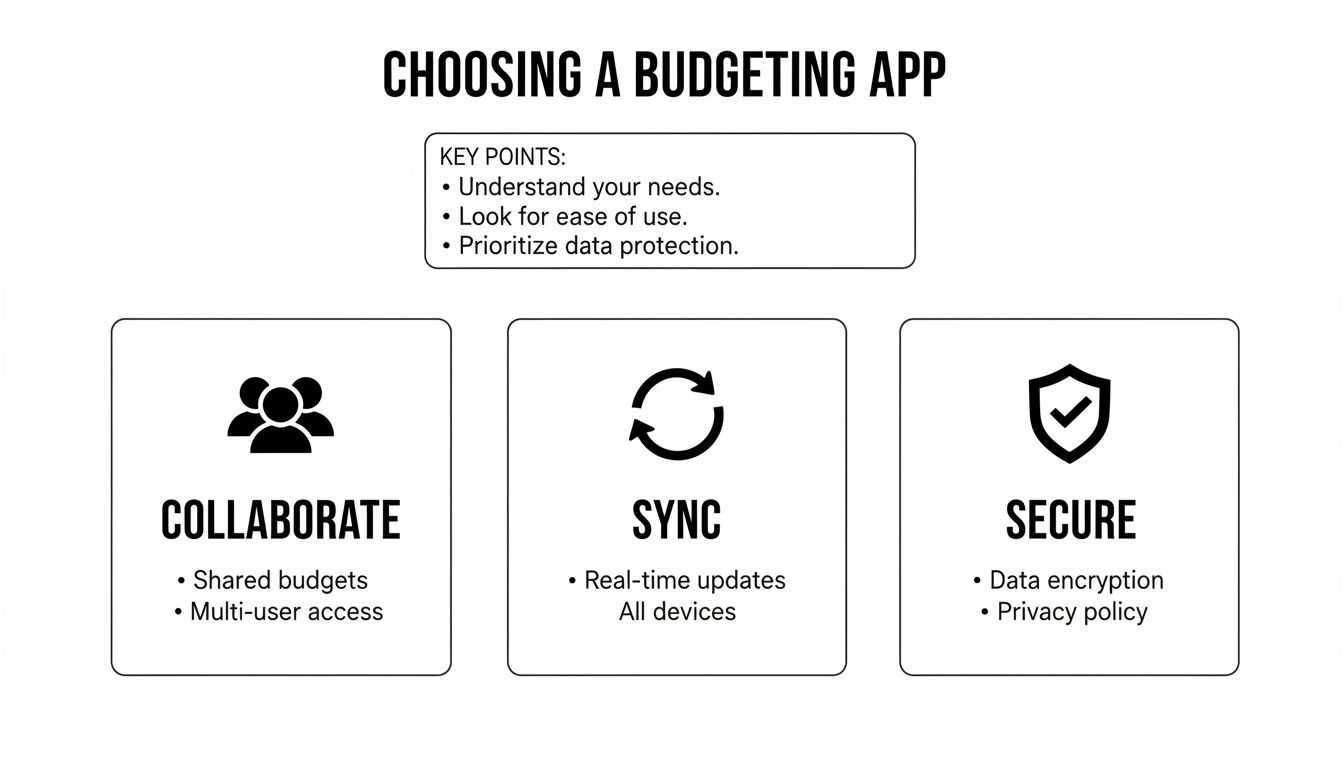 A diagram outlining key considerations for choosing a budgeting app, highlighting collaboration, sync, and security.