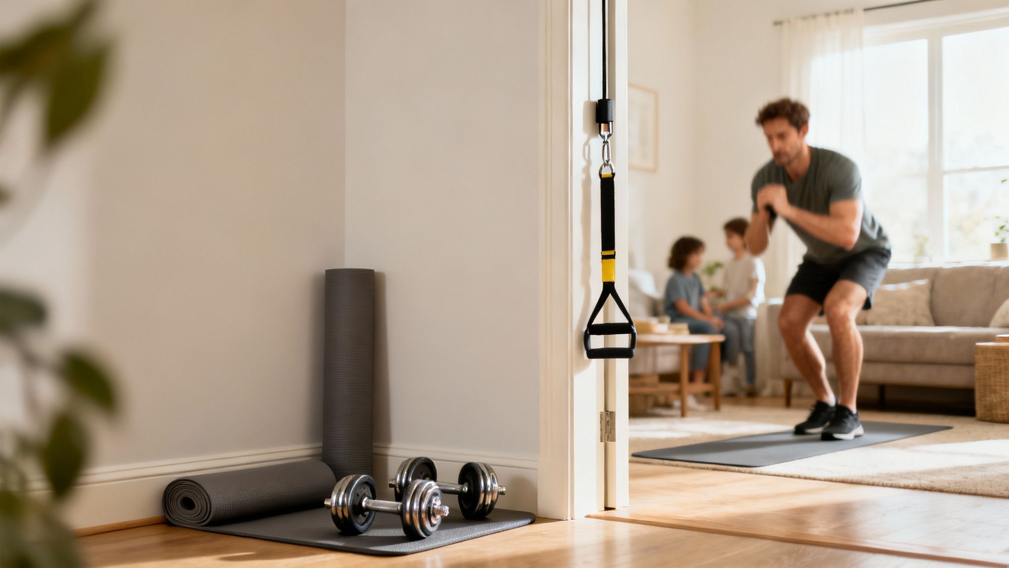 A man doing squats in his living room, using home gym equipment like dumbbells and a suspension trainer, with kids nearby.