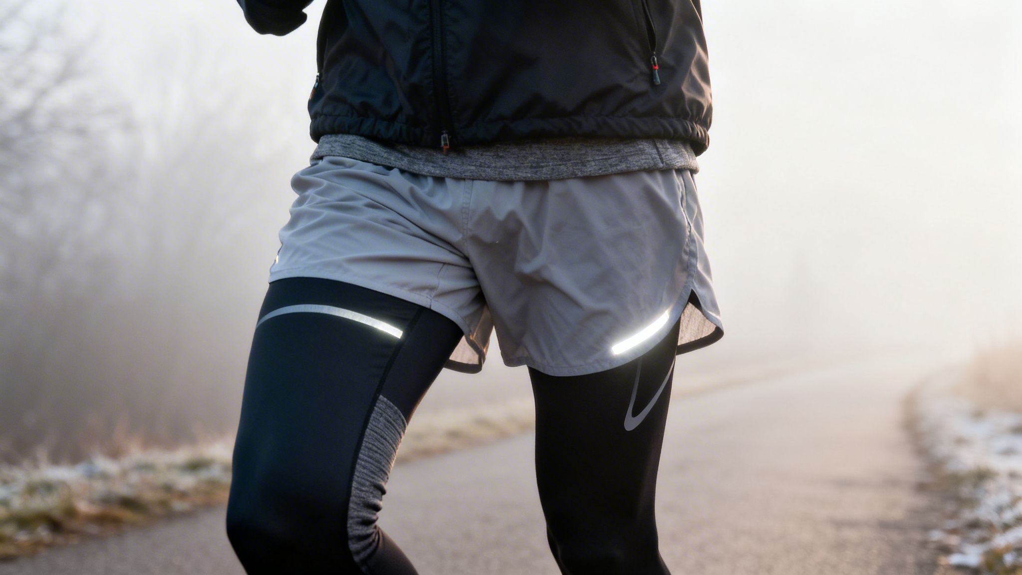 Lower body of a runner dressed in reflective black leggings and gray shorts on a foggy morning run.
