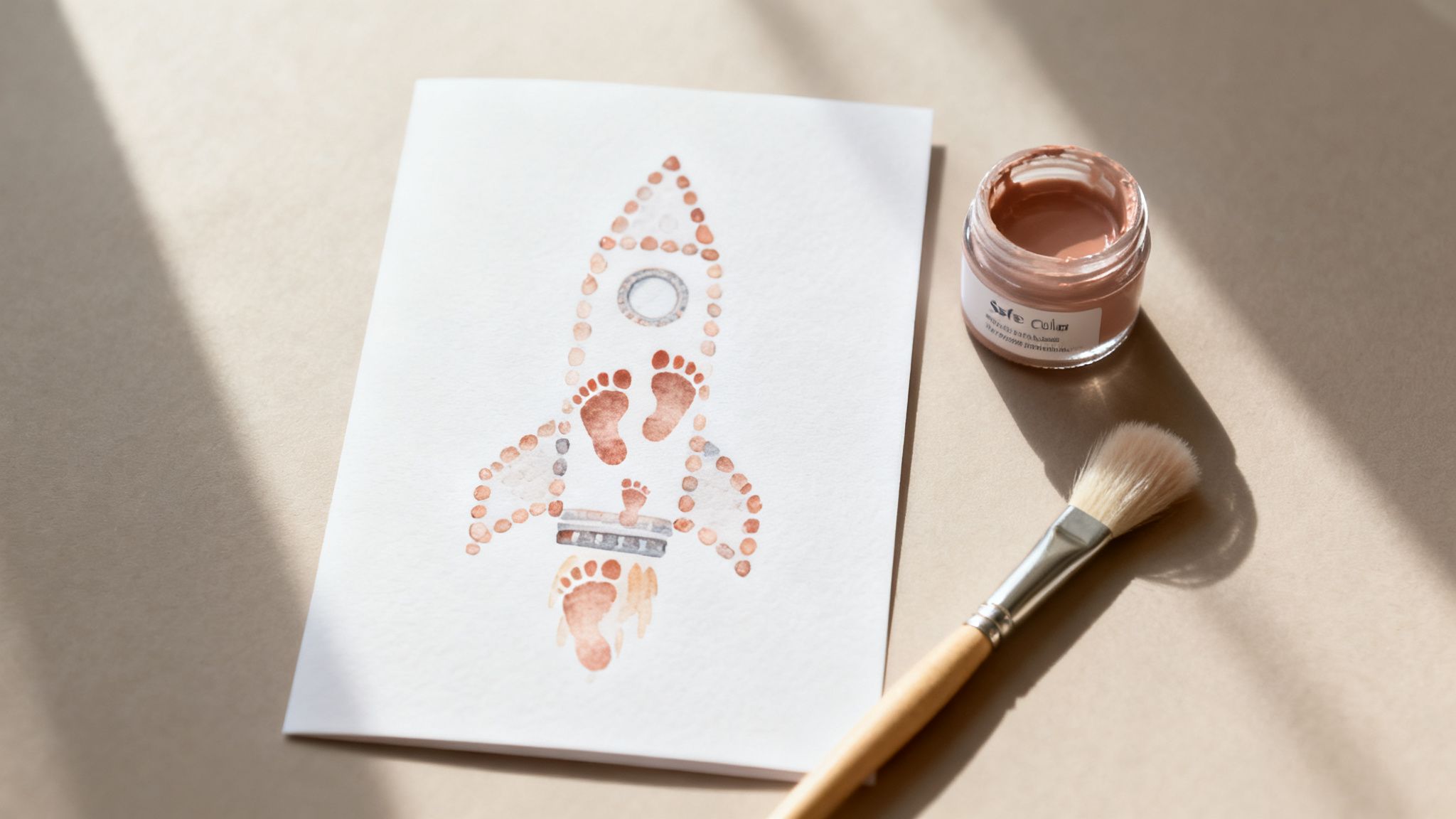 A watercolor painting of a rocket made from baby footprints, with paint and brush on a beige surface.