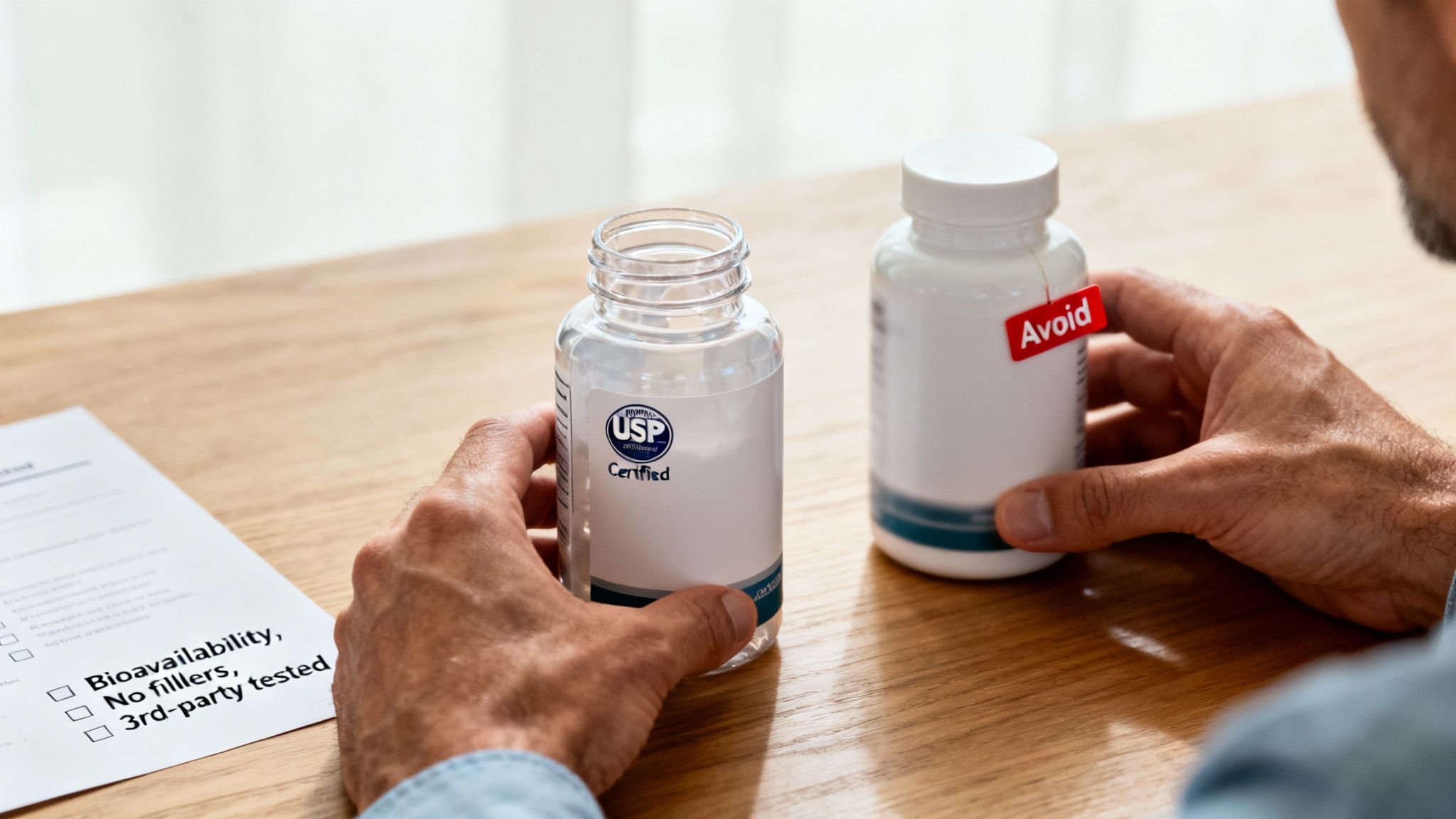 A person holds two supplement bottles, one USP Certified, the other marked 'Avoid', comparing options for quality.