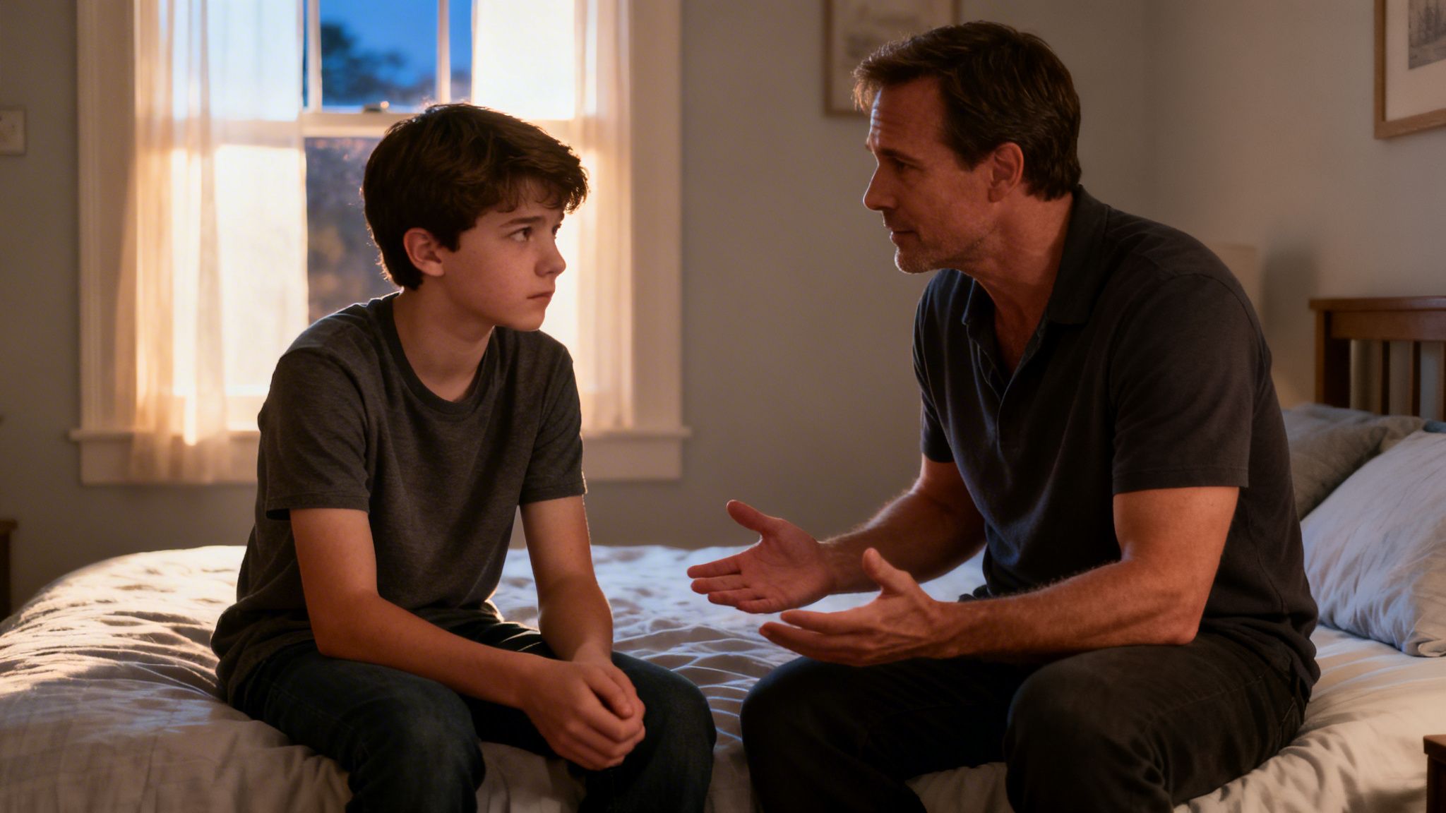 A man and a boy sit on a bed, looking at each other during a serious conversation.