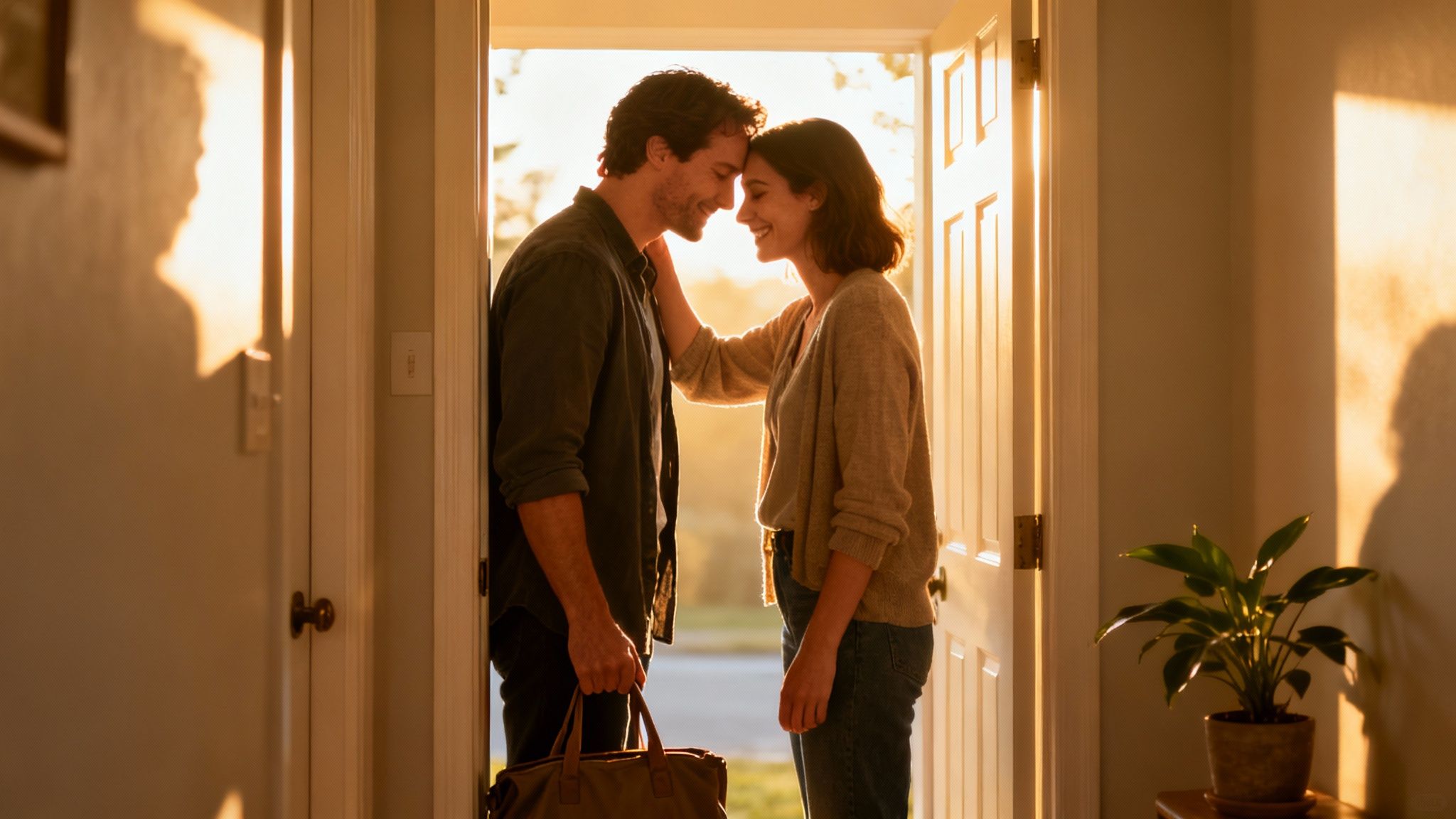 A loving couple, foreheads touching, embraces in a sunlit doorway, radiating warmth and affection.
