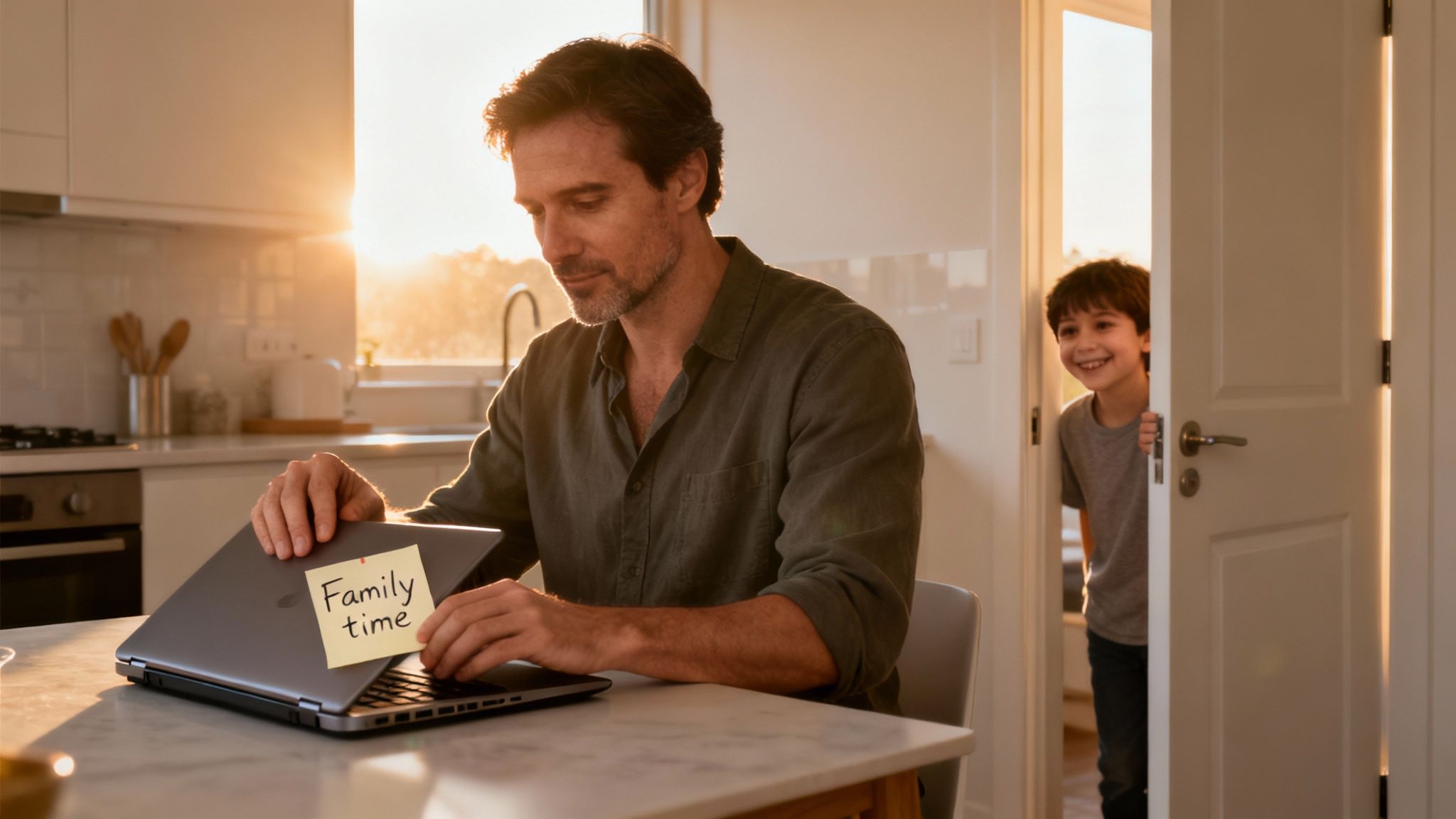 A father closes his laptop with a 'Family time' note as his son peeks happily.