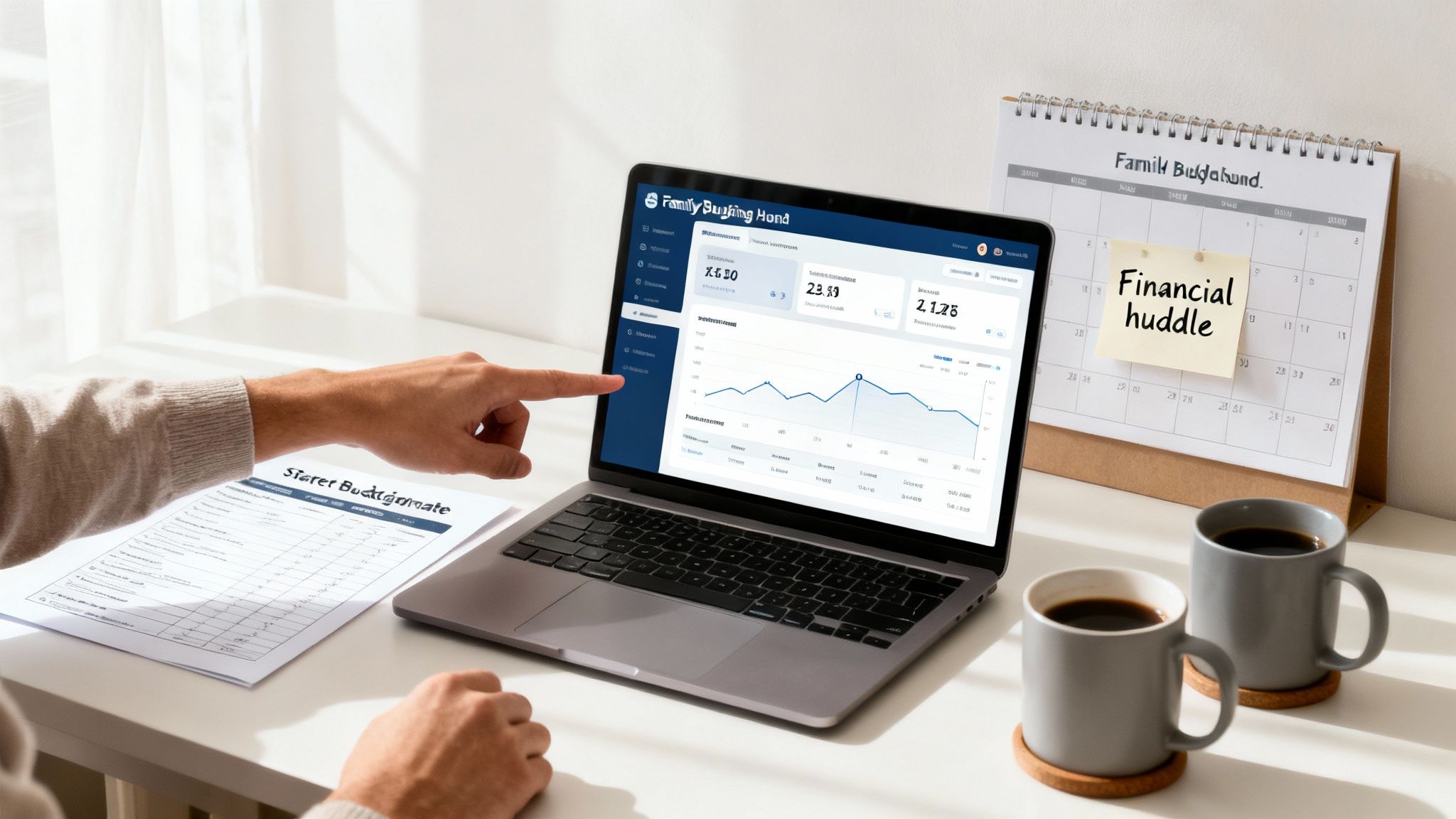 Person reviewing family budget on a laptop with charts, documents, and a calendar for a financial huddle.